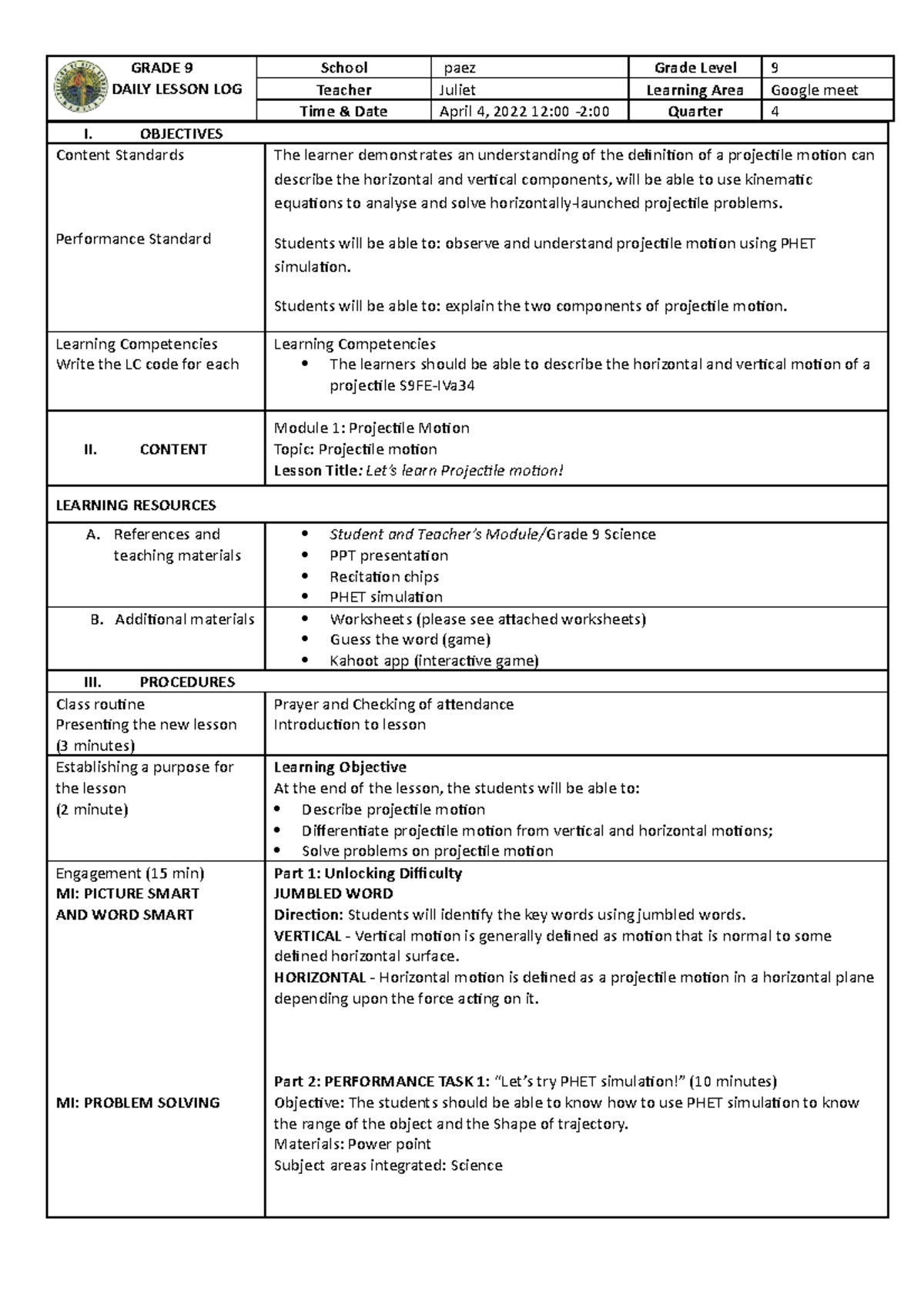 Lesson PLAN - Sabela - Projectile Motion - GRADE 9 DAILY LESSON LOG ...