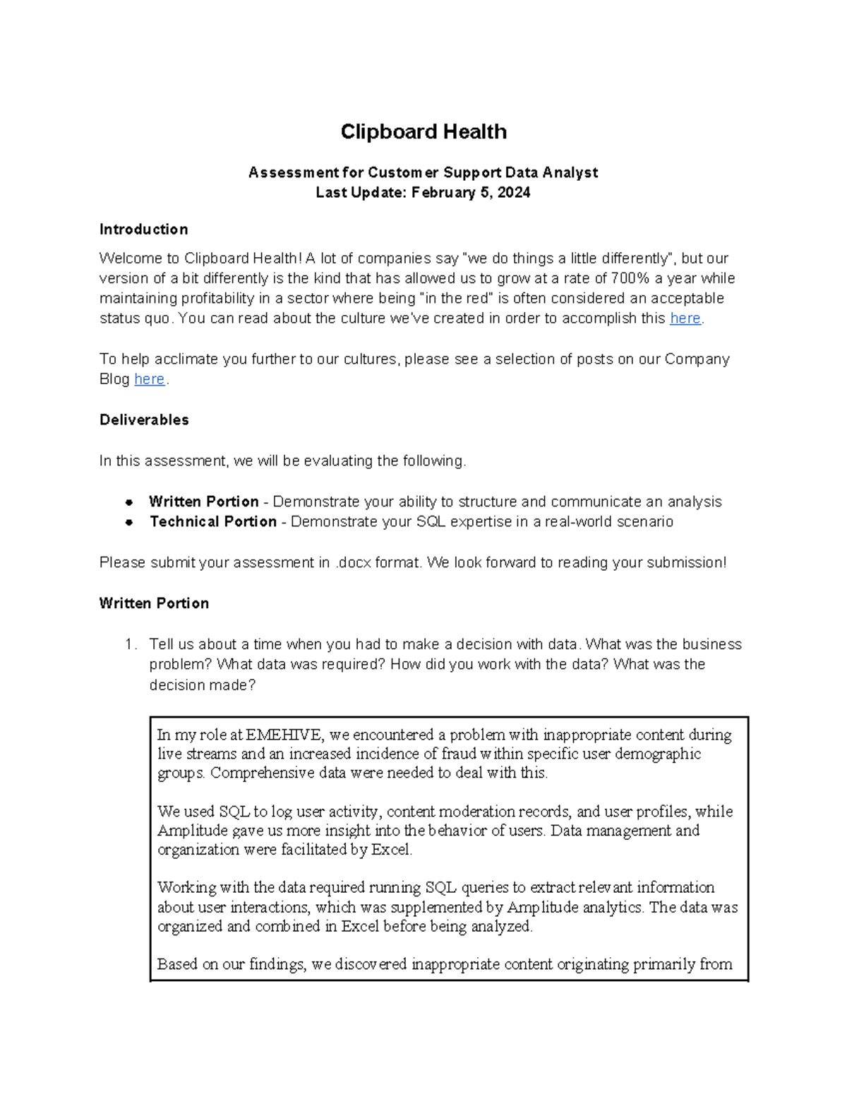Customer Support Data Analyst Case Study v2 Clipboard Health