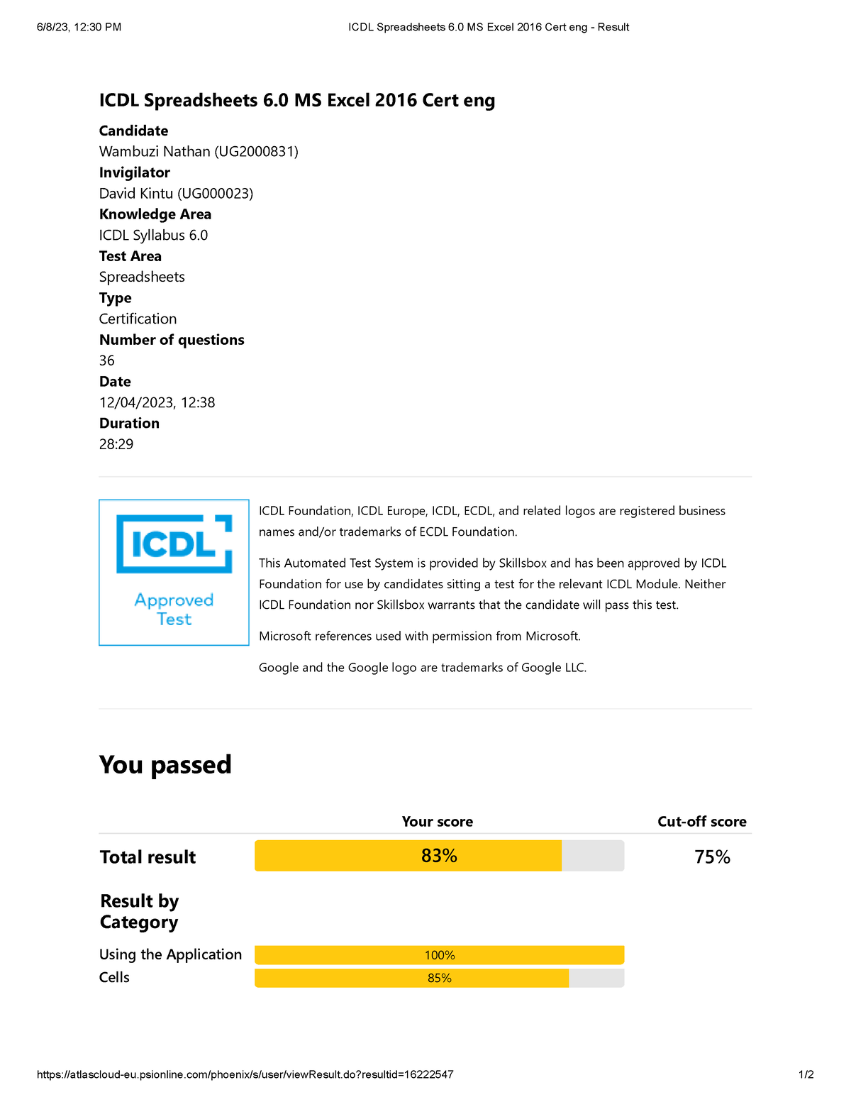 ICDL Spreadsheets 6.0 MS Excel 2016 Cert Eng - Result - 6/8/23, 12:30 ...