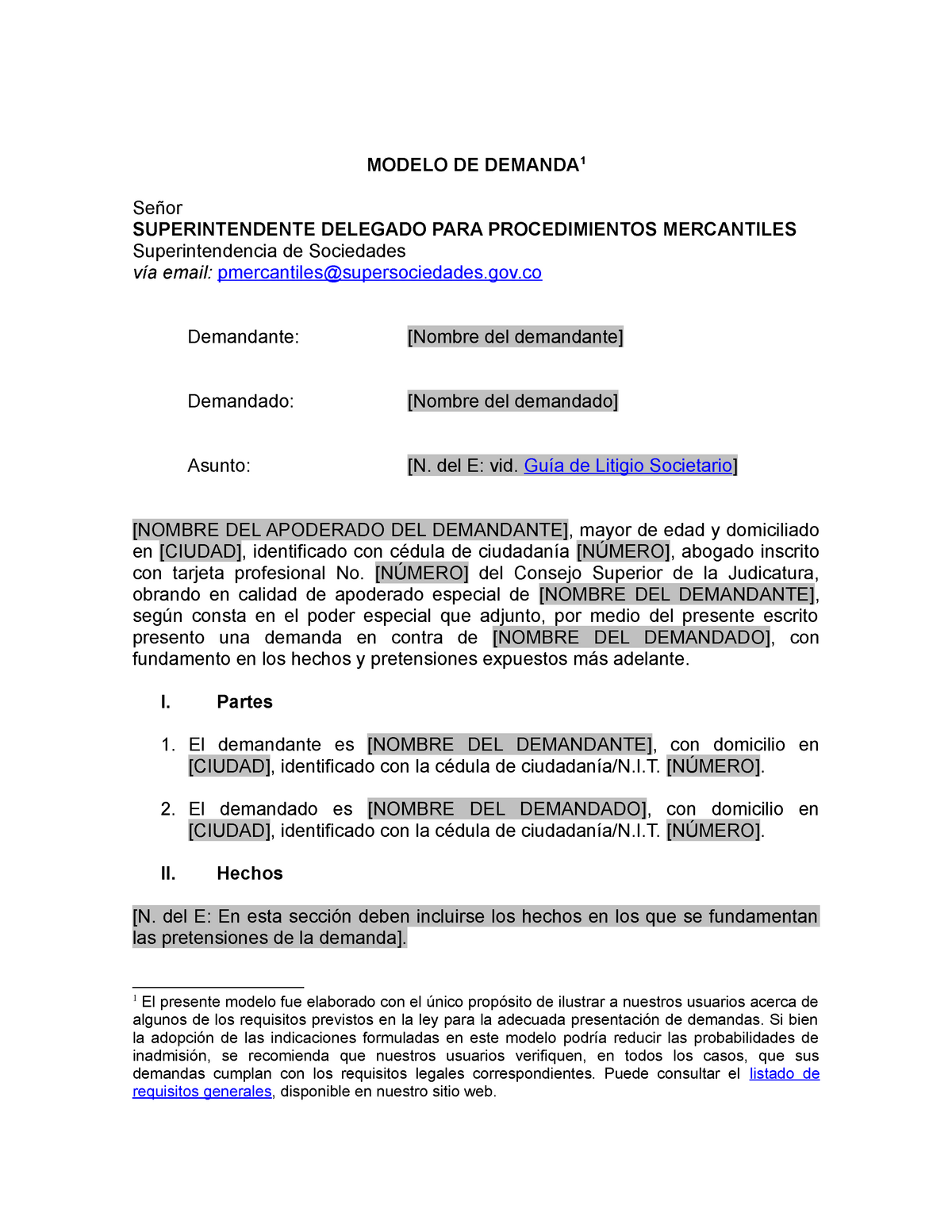 Modelo de Demanda MEdidas cautelares - MODELO DE DEMANDA 1 Señor  SUPERINTENDENTE DELEGADO PARA - Studocu