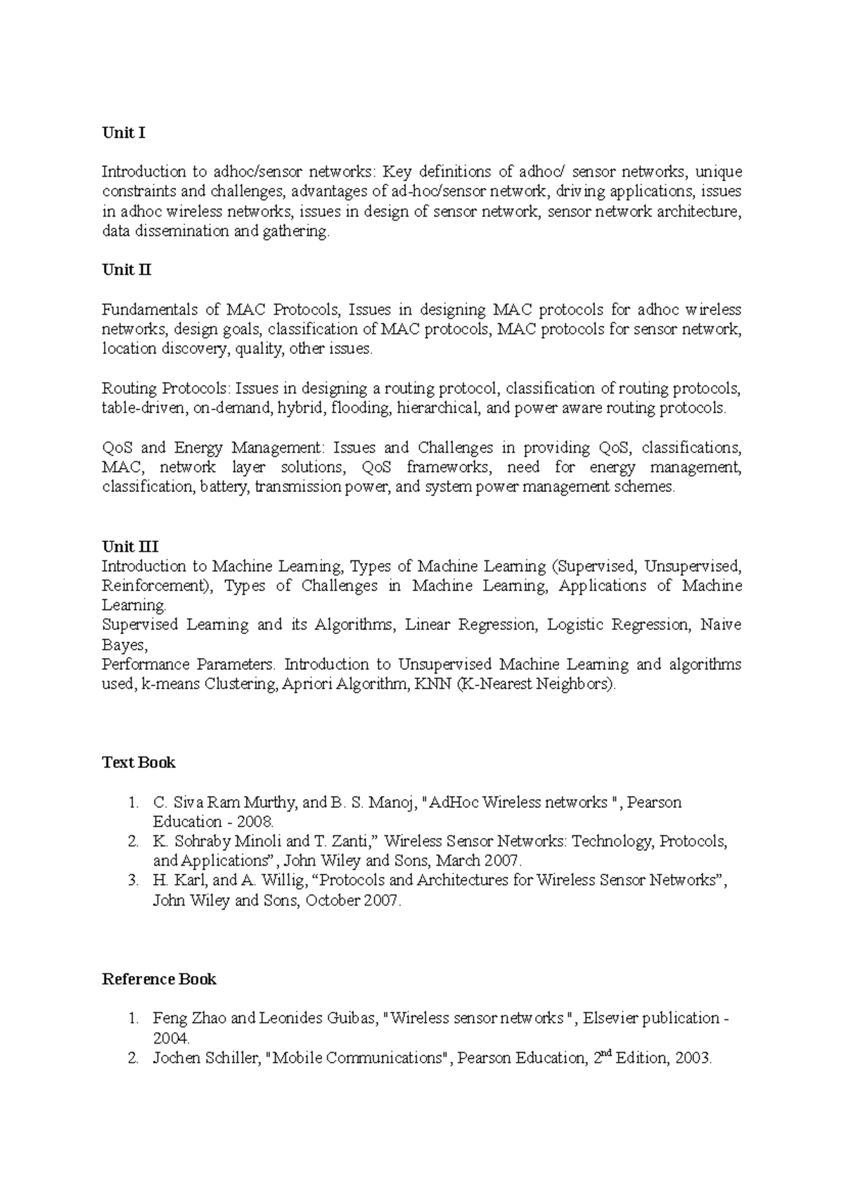 Final syllabus - sylabus - Unit I Introduction to adhoc/sensor networks ...