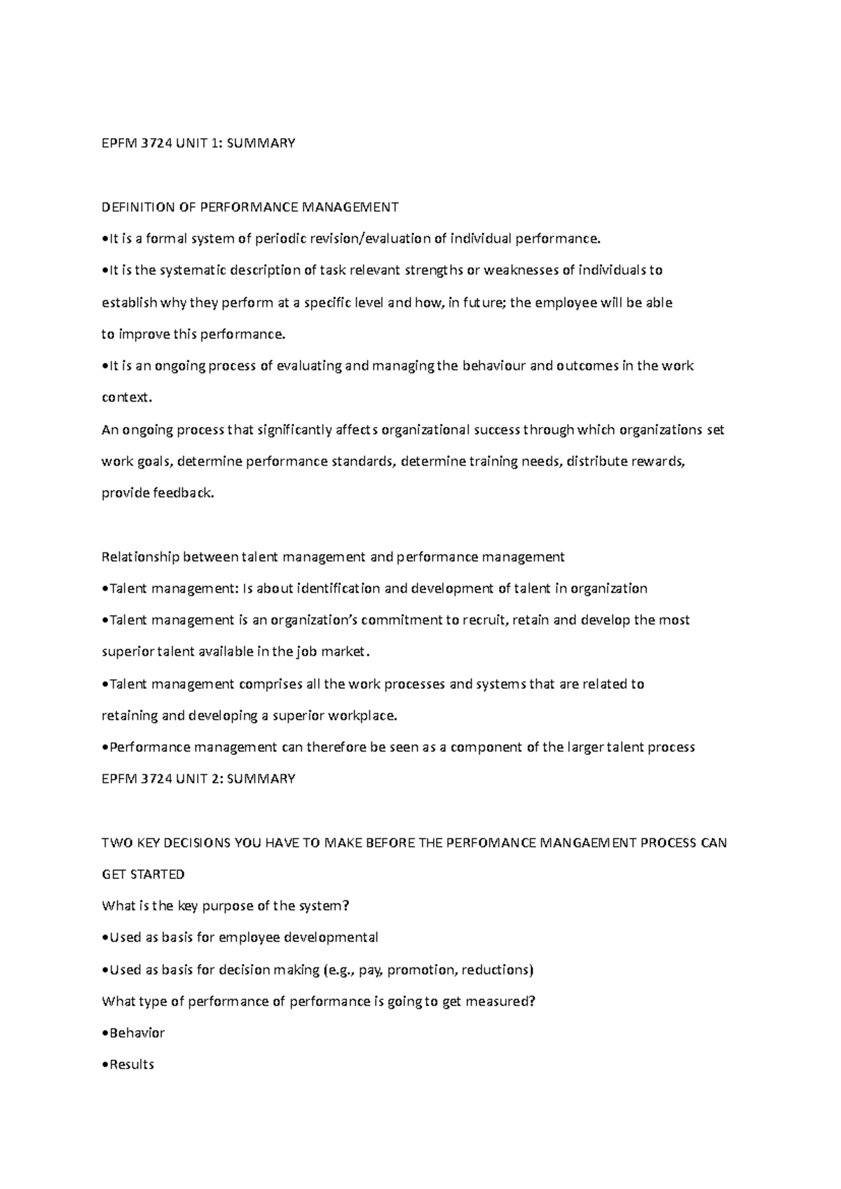 UNIT 1 Performance Management - EPFM 3724 UNIT 1: SUMMARY DEFINITION OF ...