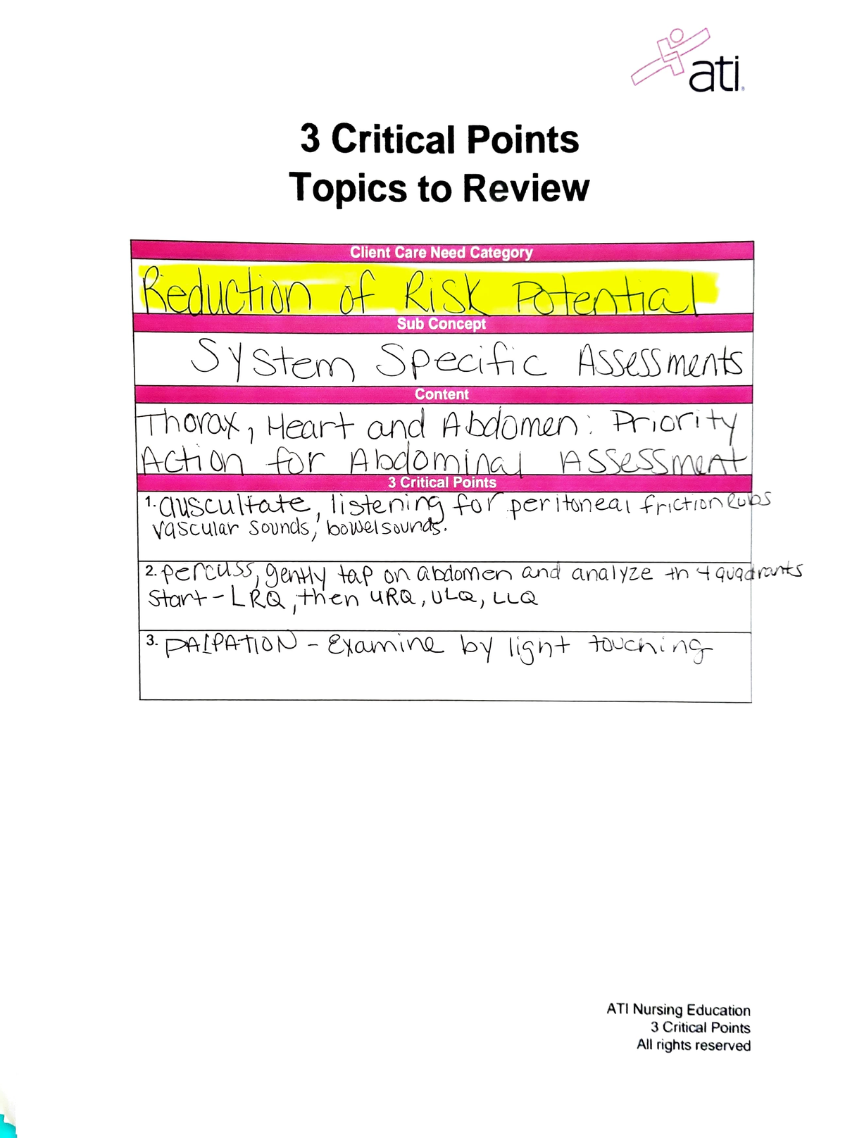 ATI Critical Points at 3 Critical PointsS Topics to Review