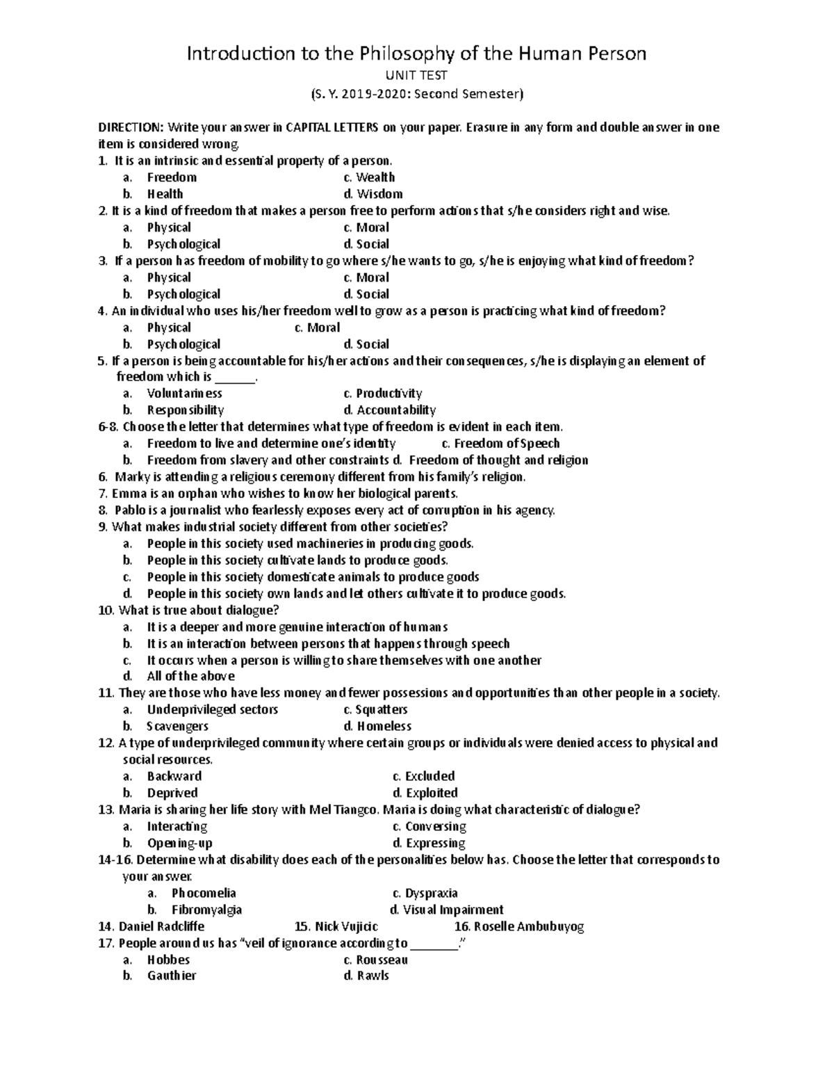 Intro to philo unit test - Introduction to the Philosophy of the Human ...