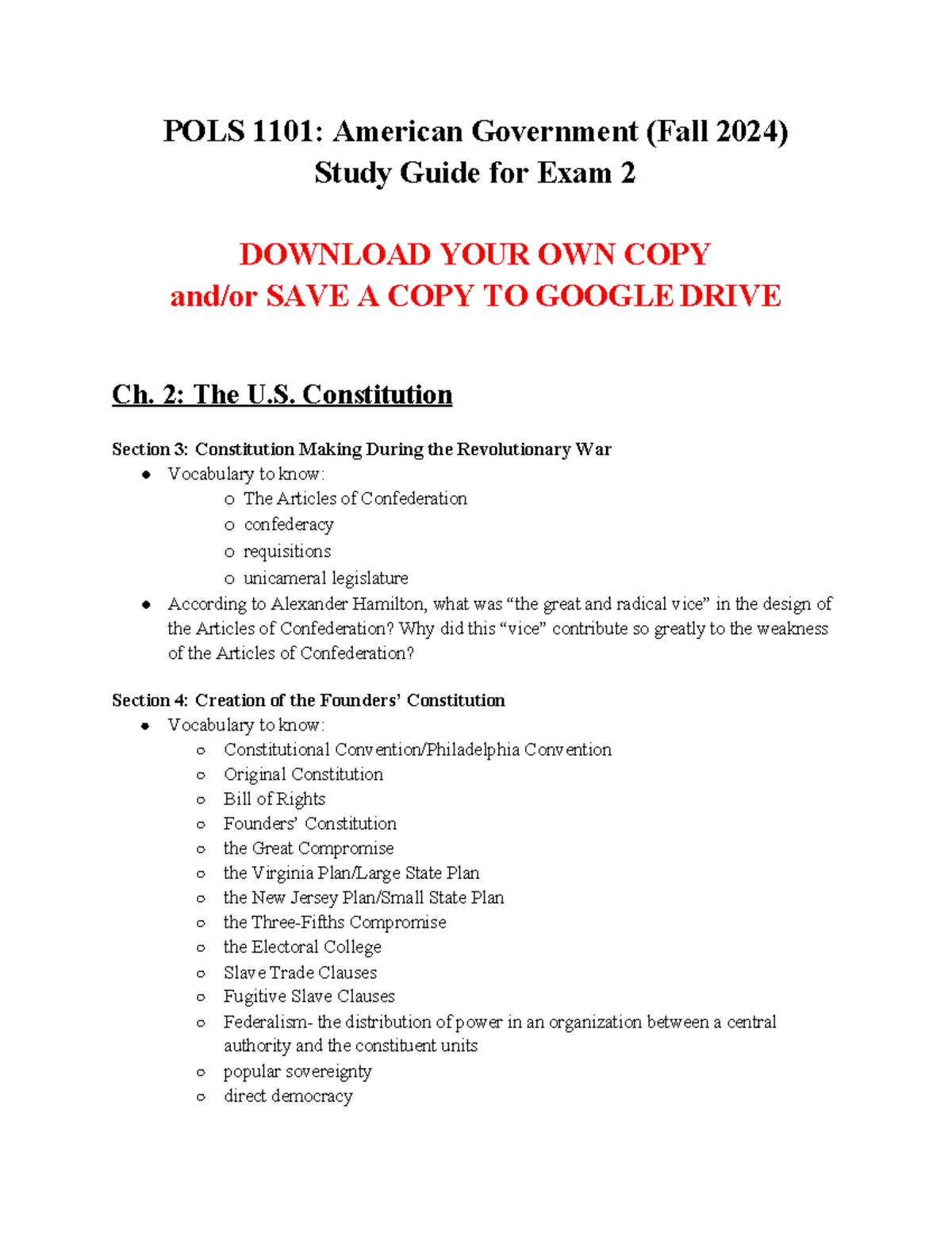 Copy of Exam 2 Study Guide 2024 Fall - POLS 1101: American Government ...