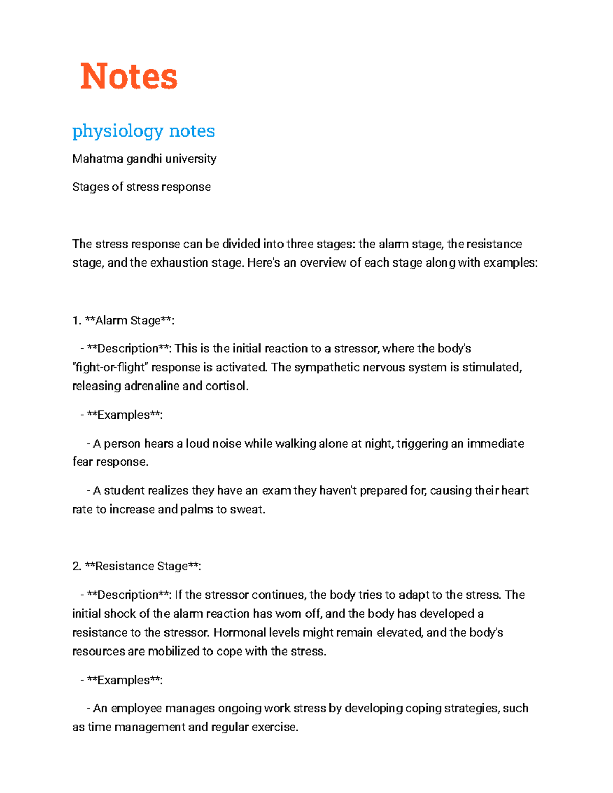 Class notes - Note is of stages of stress response - Notes physiology ...