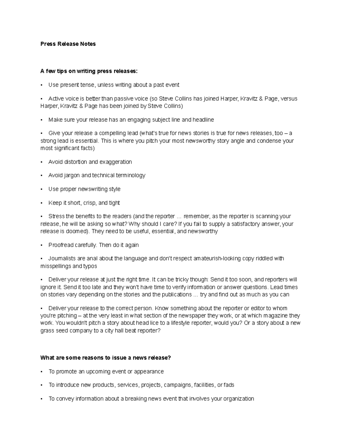 COM CO 201 Notes Press Release Notes - Press Release Notes A few tips ...