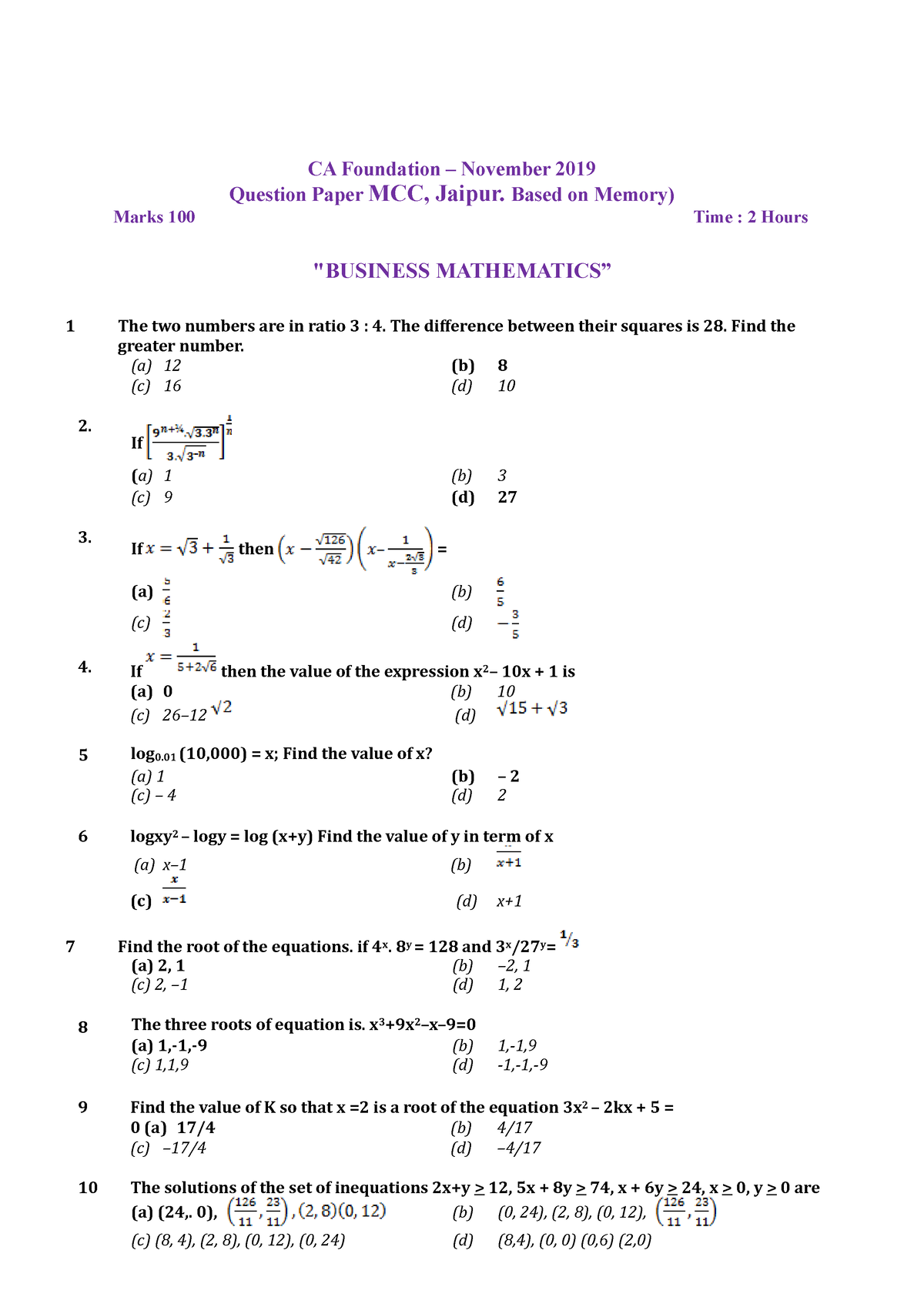 CA Foundation Maths Statistics Question Paper with Answer Nov 2019 - CA ...