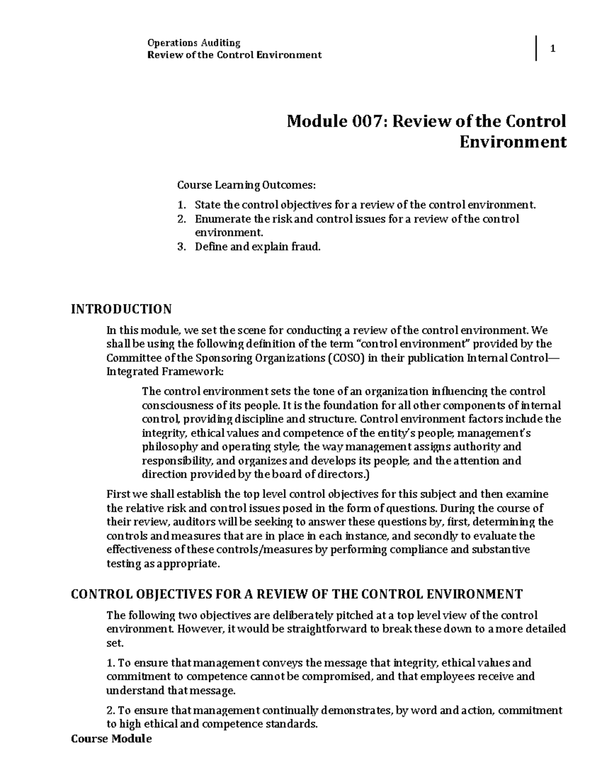 Module 007 Review of the Control Environment Operations Auditing