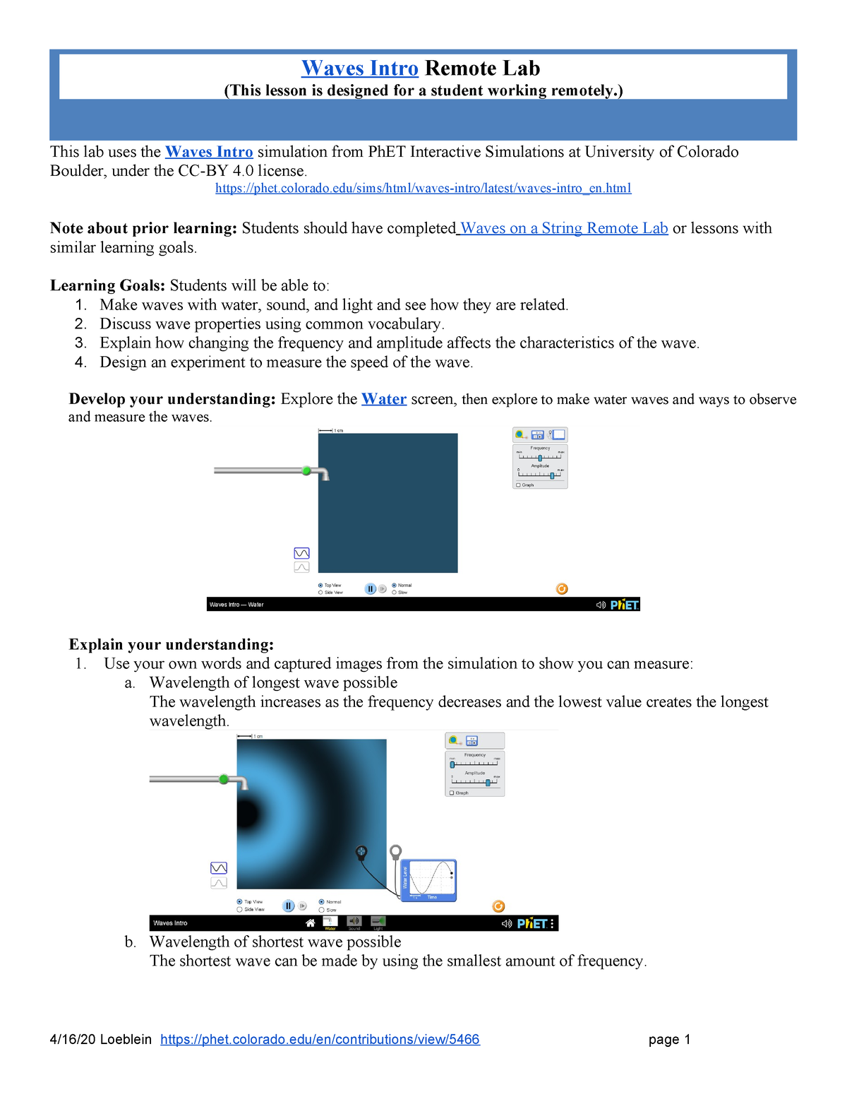 Waves Intro Remote Lab This lab uses the Waves Intro simulation from