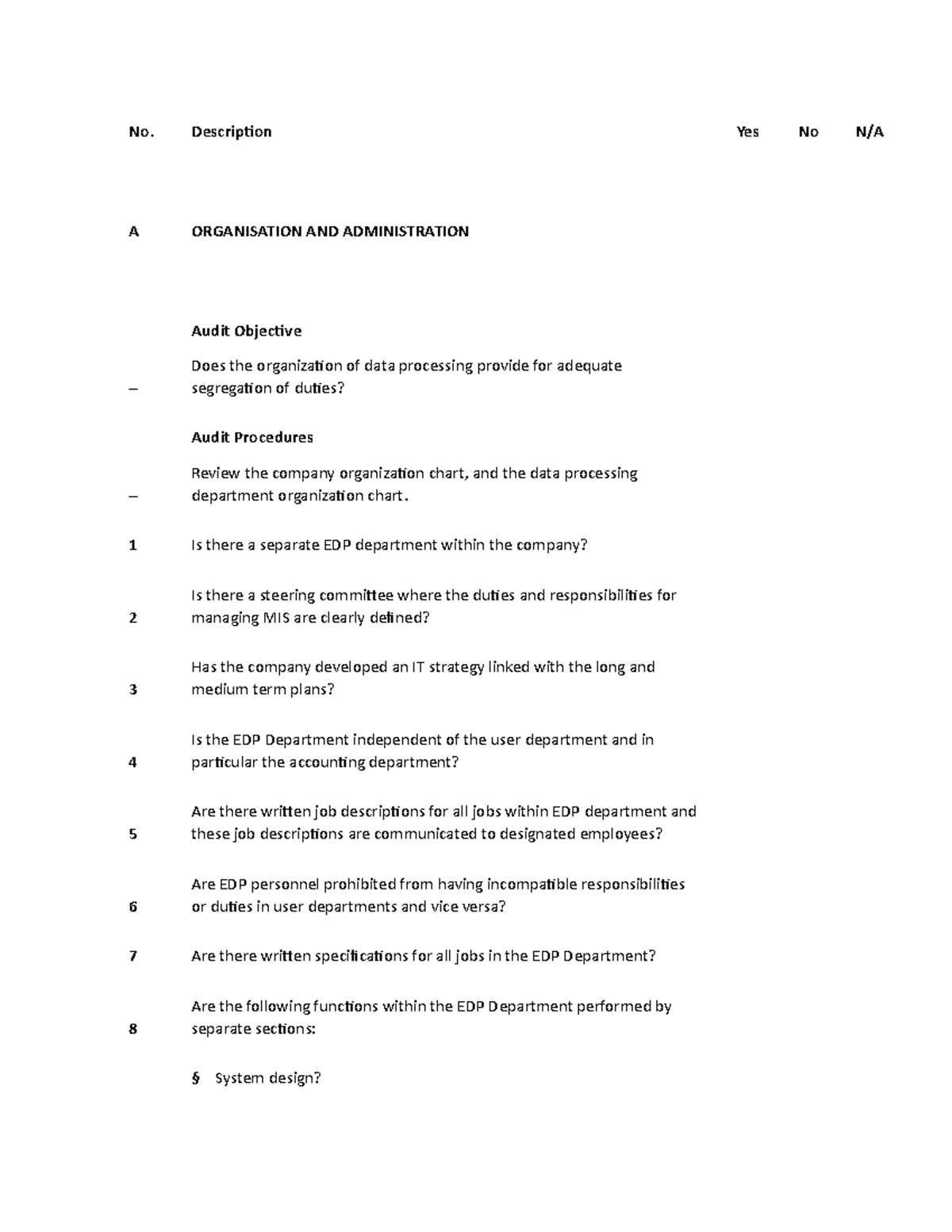 AIS Checklist - No. Description Yes No N/A A ORGANISATION AND ...