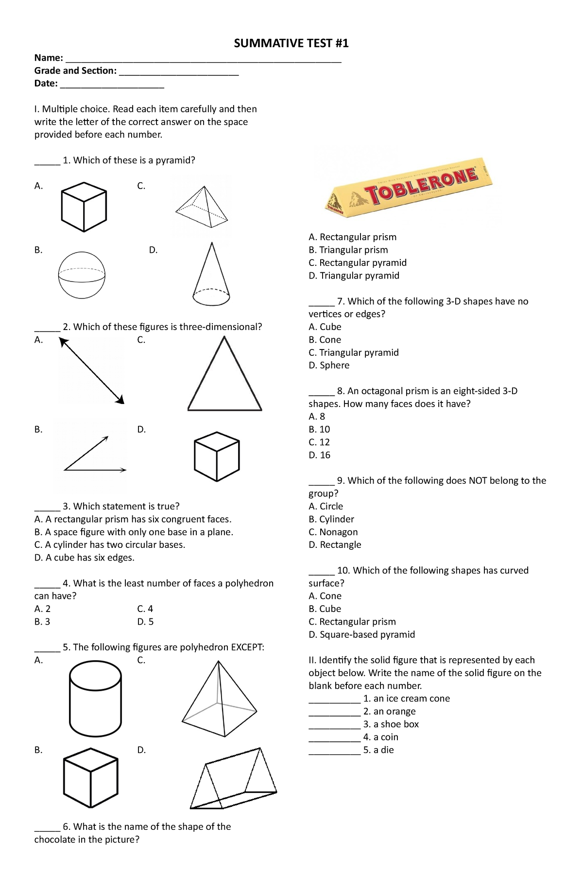 Geometry Summative Test - SUMMATIVE TEST Name