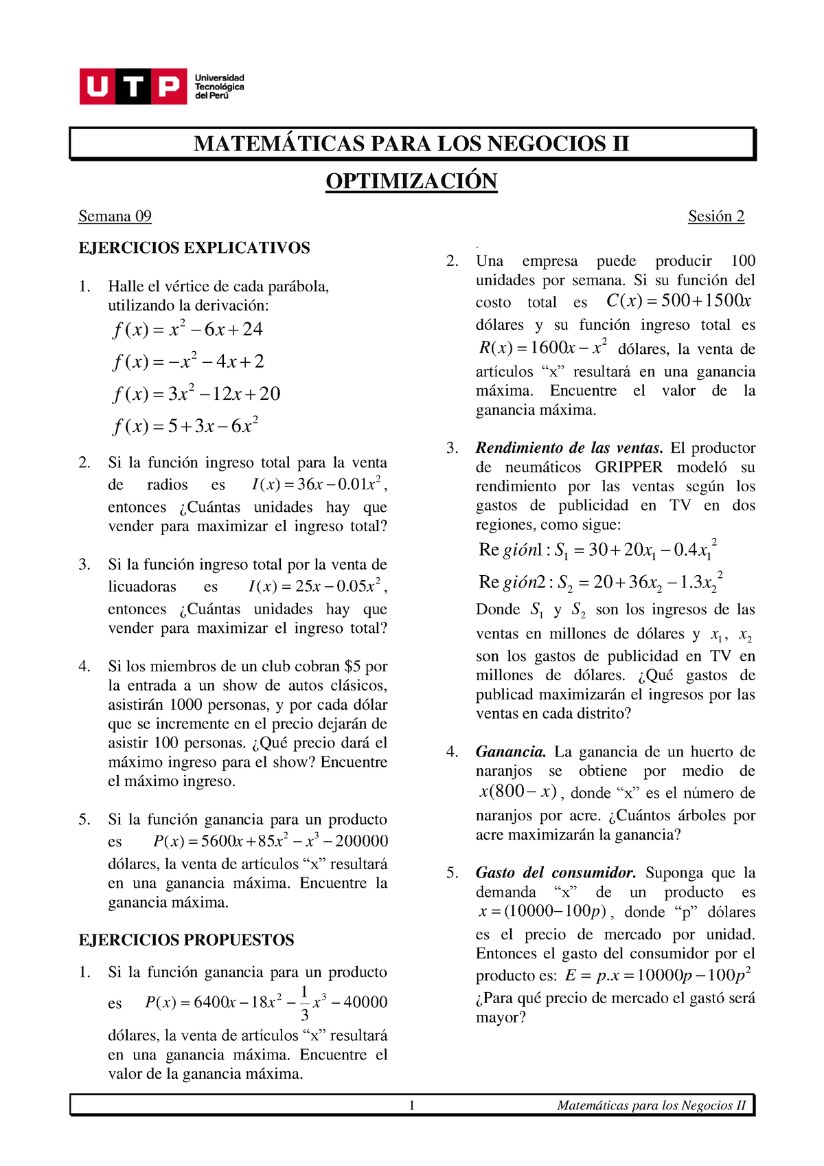 Semana 10 Sesión 1 - Optimización - 1 Matemáticas Para Los Negocios II ...