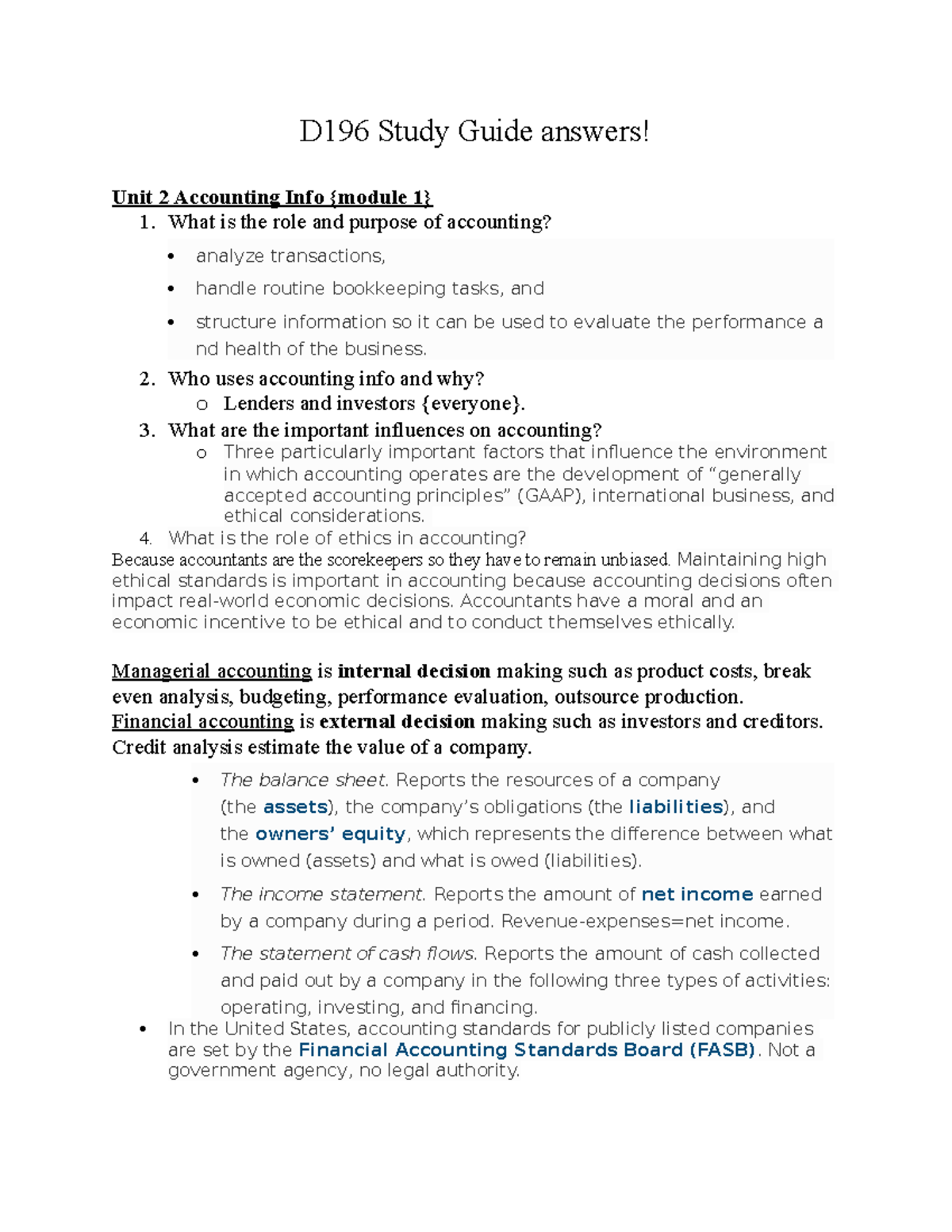 D196 Study Guide Answers - D196 Study Guide Answers! Unit 2 Accounting ...