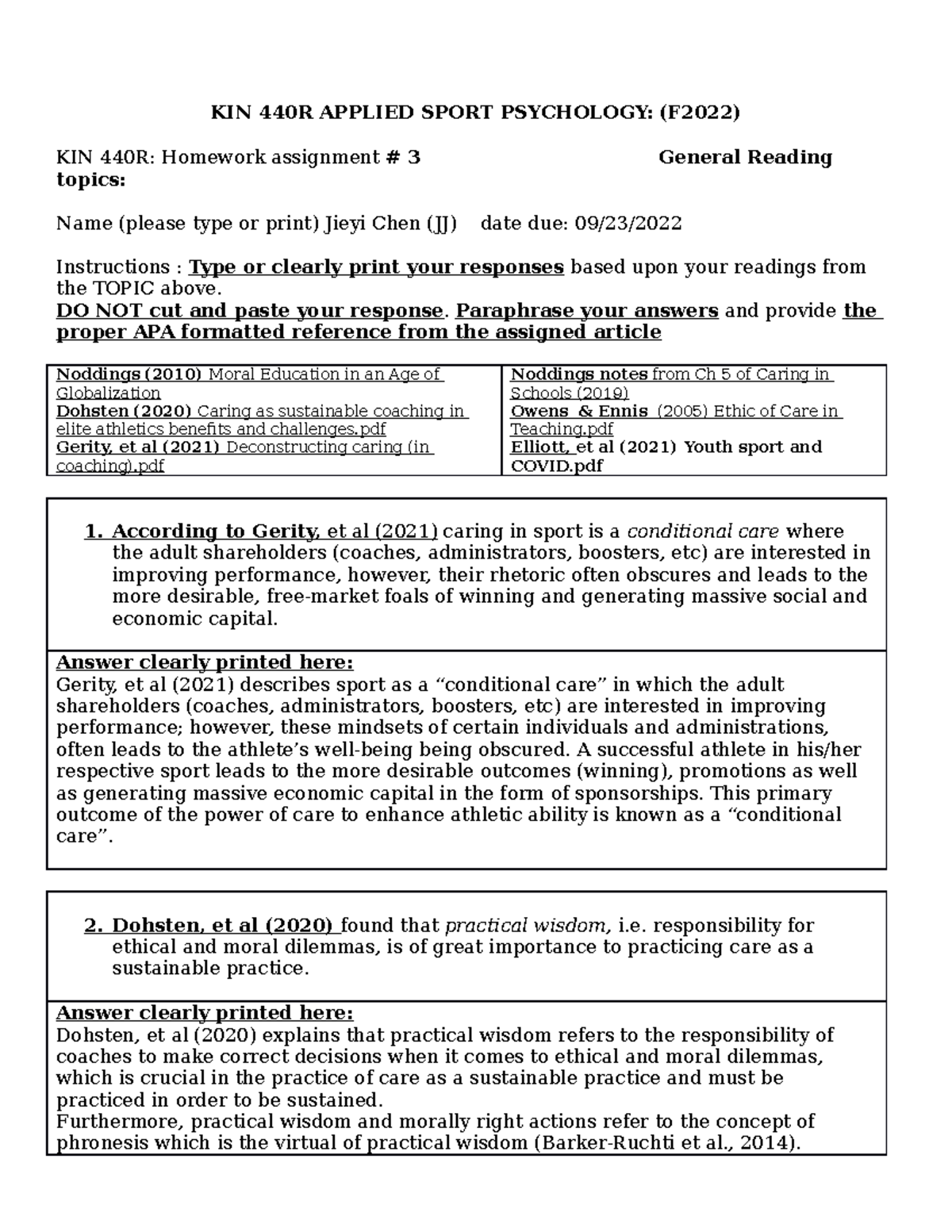 FALL 2022 KIN 440R assign 3 - KIN 440R APPLIED SPORT PSYCHOLOGY: (F2022 ...