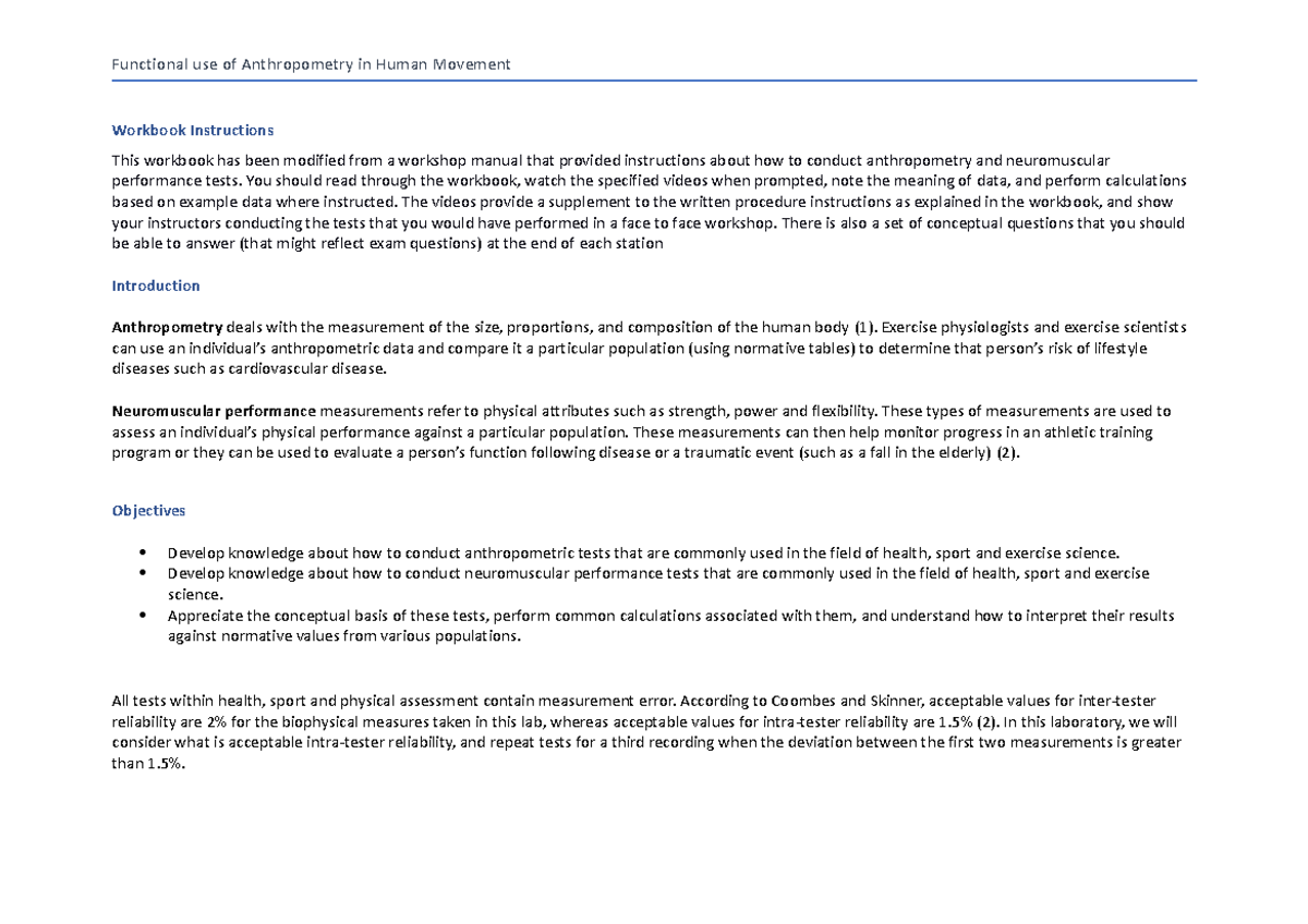 Functional Anthropometry and Neuromuscular Performance Workbook - Studocu