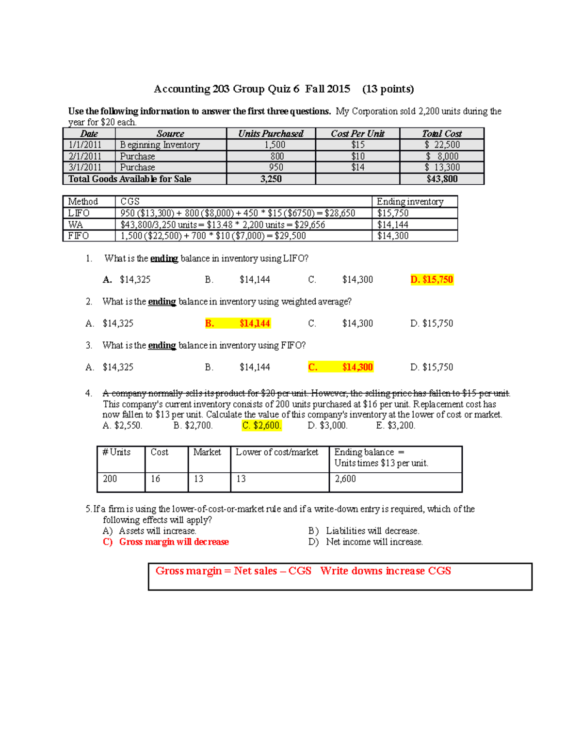Quiz 6 solution group fall 2015 - Accounting 203 Group Quiz 6 Fall 2015 ...