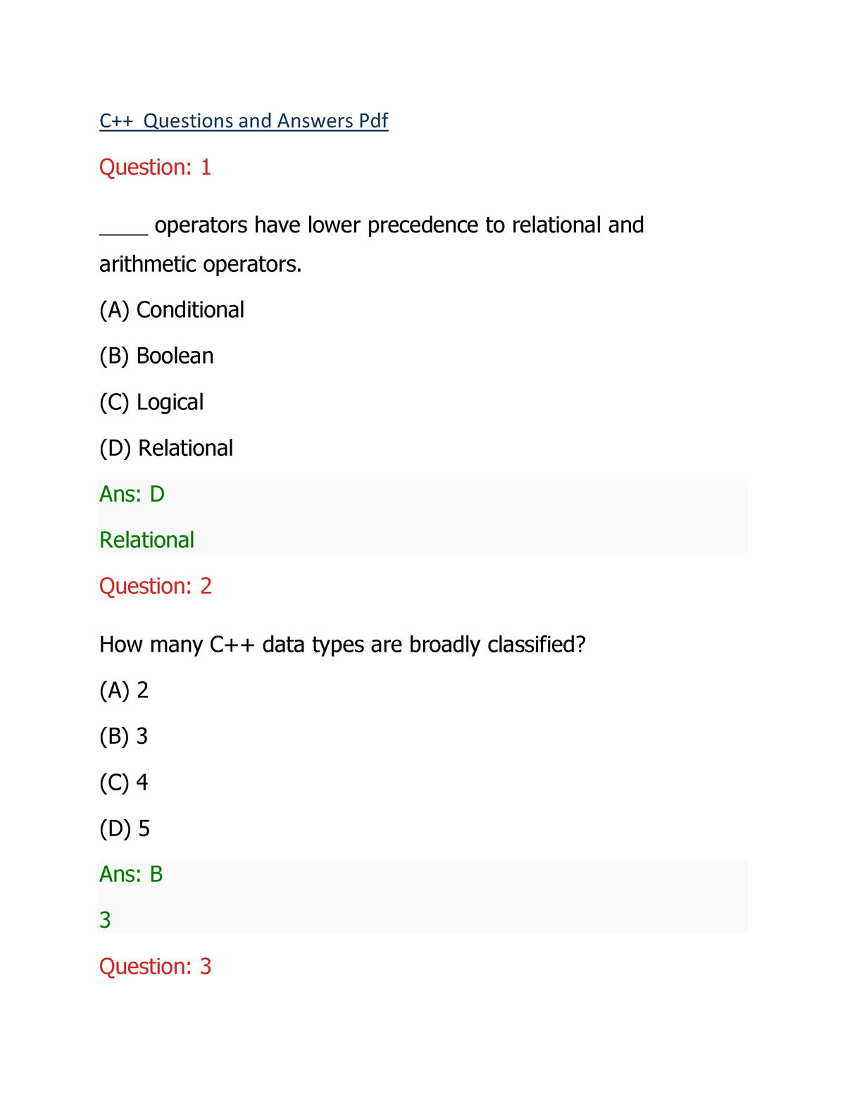 C++ Questions And Answers - (A) Conditional (B) Boolean (C) Logical (D ...