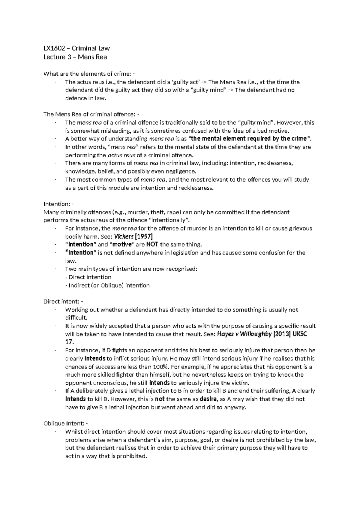 Lecture 3 Criminal Law Mens Rea Lx1602 Criminal Law Lecture 3