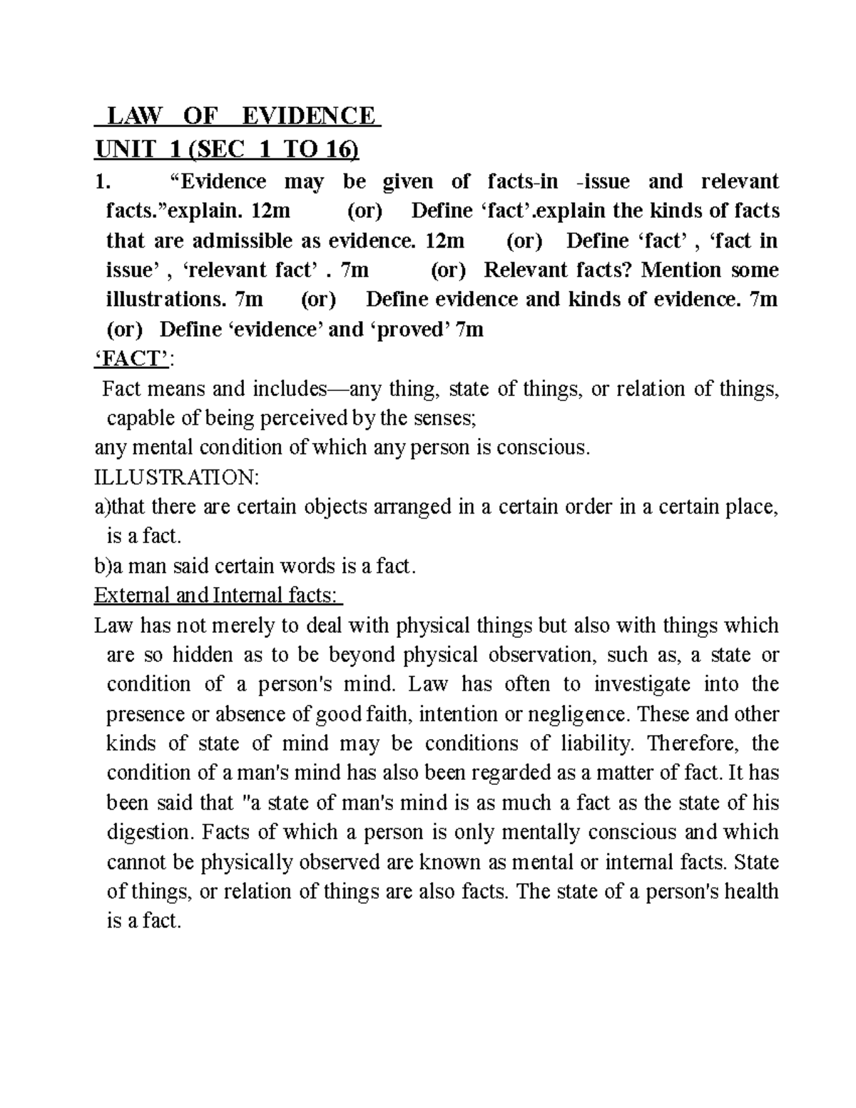 Evidence material - LAW OF EVIDENCE UNIT 1 (SEC 1 TO 16) “Evidence may ...