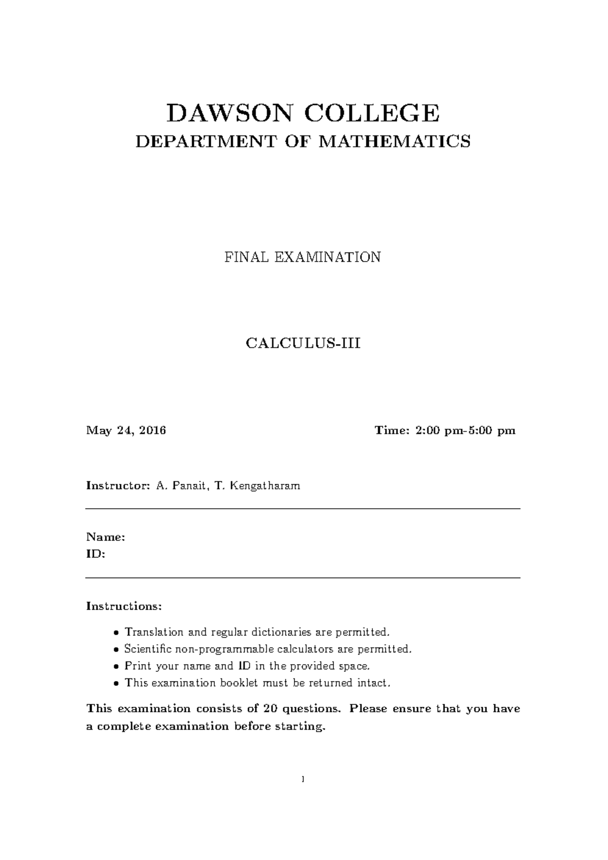 Final Winter 2016 - DAWSON COLLEGE DEPARTMENT OF MATHEMATICS FINAL ...