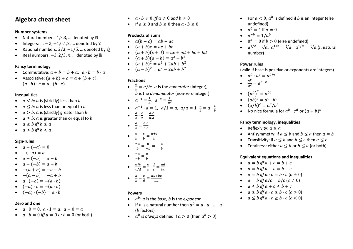 Formelsamling - Fel Kurs - Algebra Cheat Sheet Number Systems Natural ...