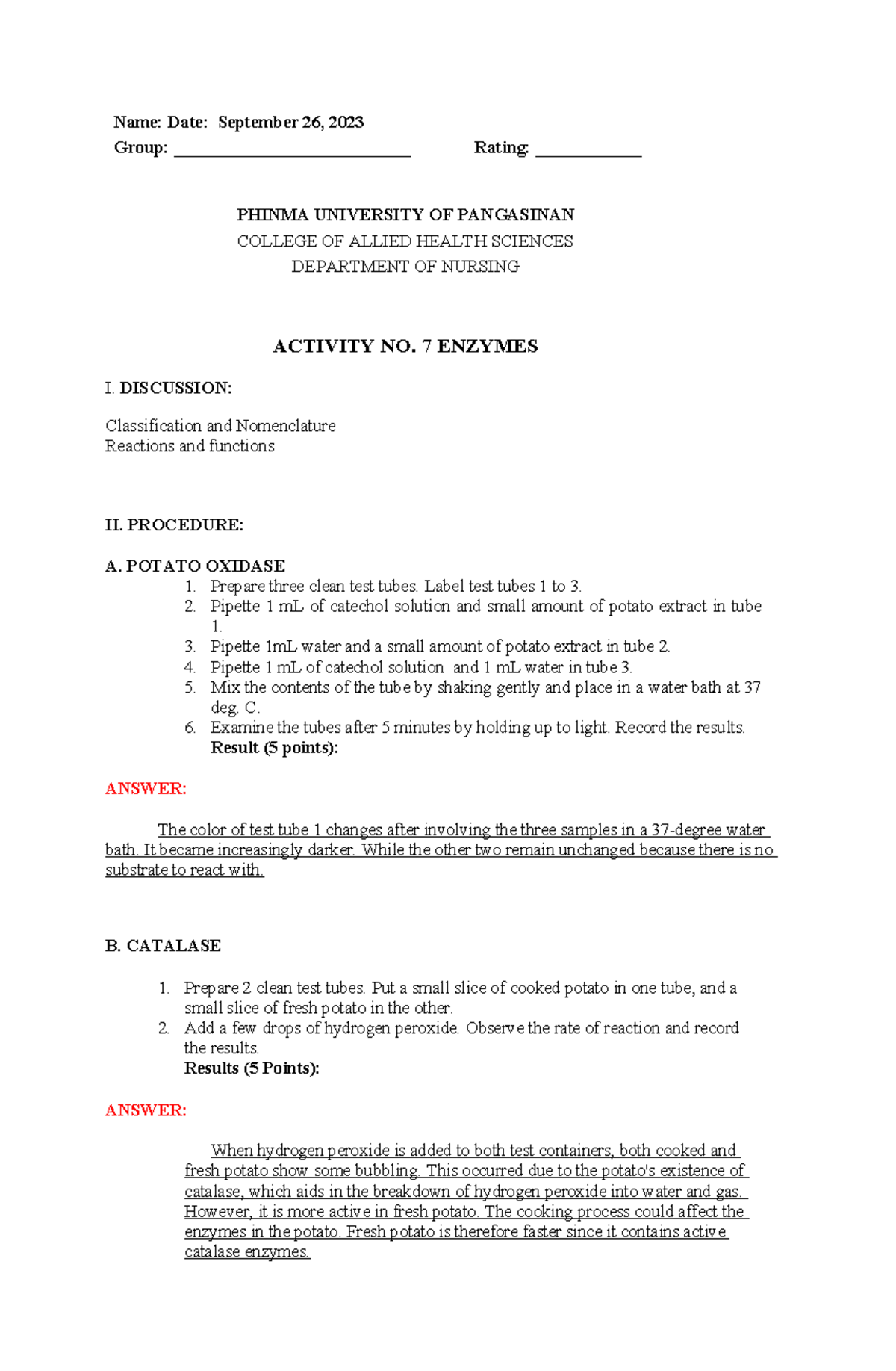 (BIO 024)- Activity-7- Enzymes - Name: Date: September 26, 2023 Group