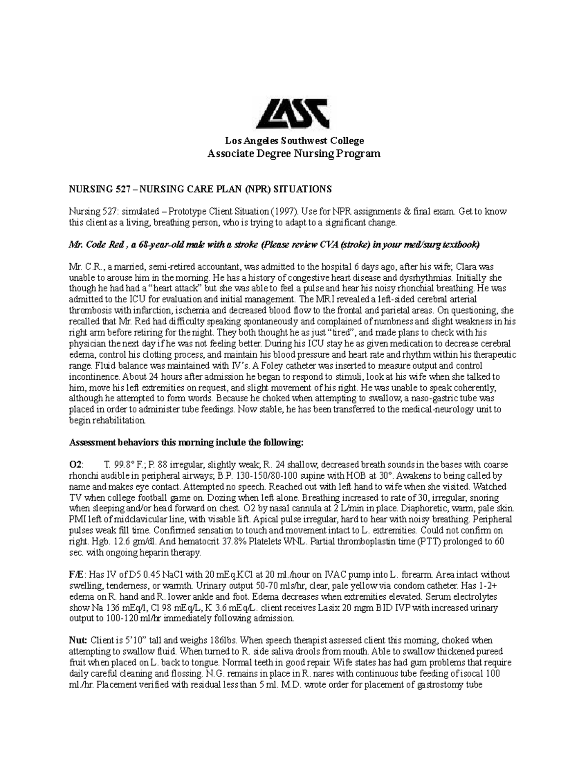 MR CODE RED-CASE Study FOR Concept MAP - Los Angeles Southwest College ...