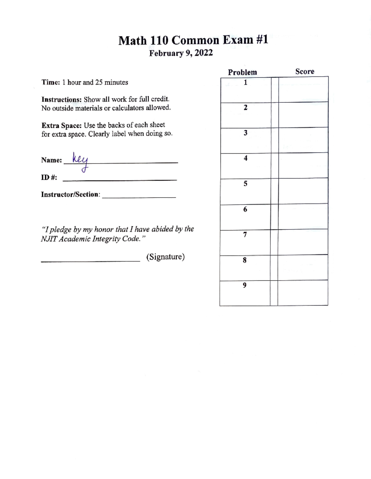 SP22E1sols - Answer Key - Math 110 Common Exam # February 9, 2022 Time ...