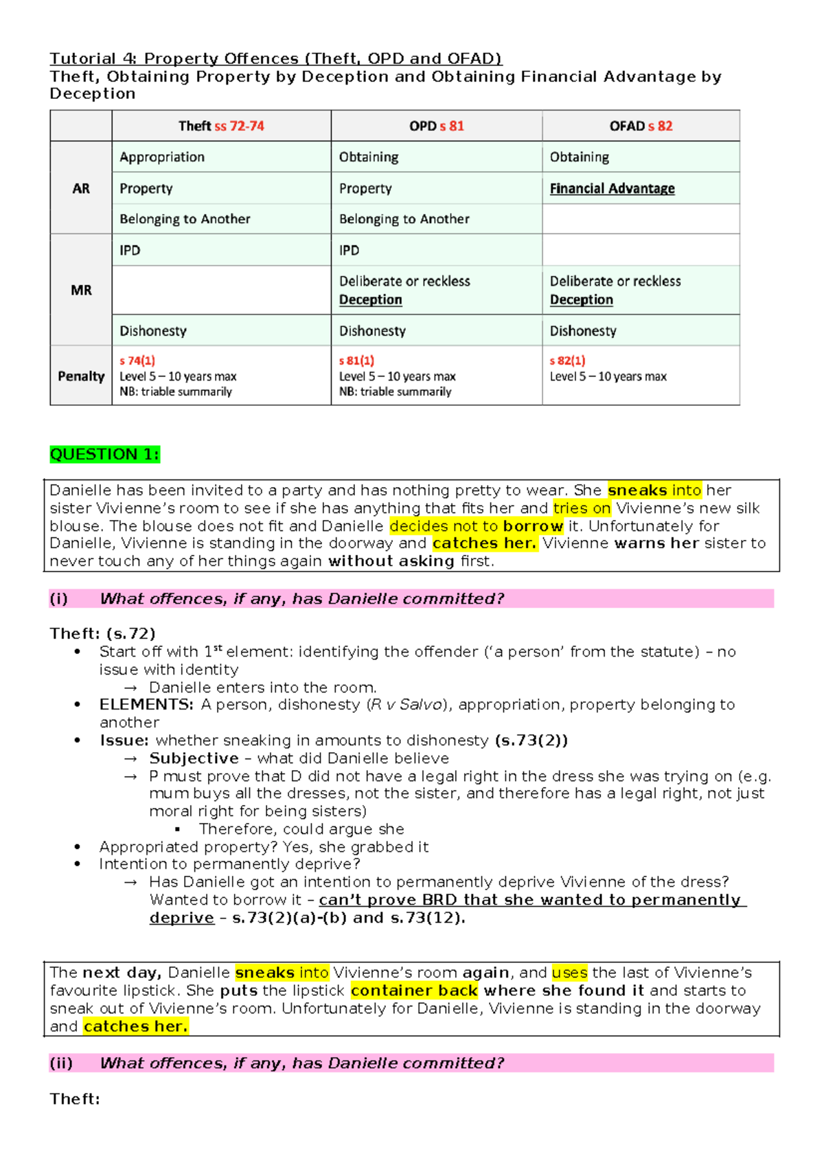 Tutorial 4 Notes - Tutorial 4: Property Offences (Theft, OPD and OFAD ...