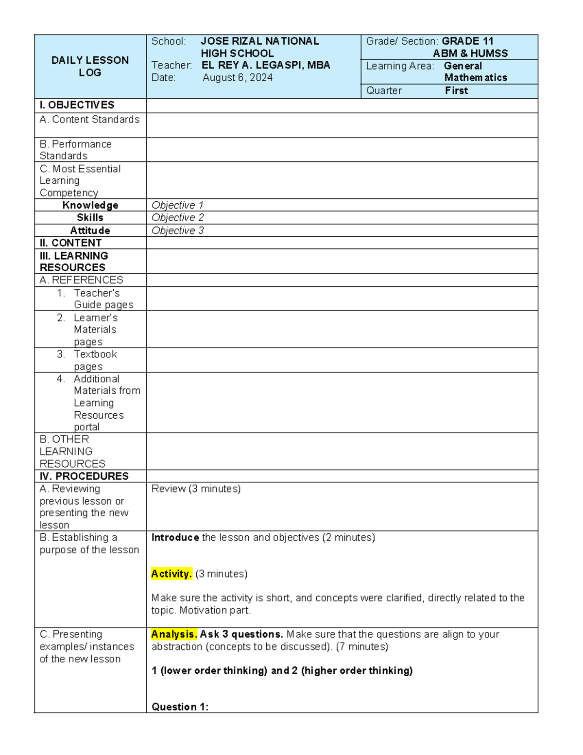 4As Lesson Plan integration - DAILY LESSON LOG School: JOSE RIZAL ...