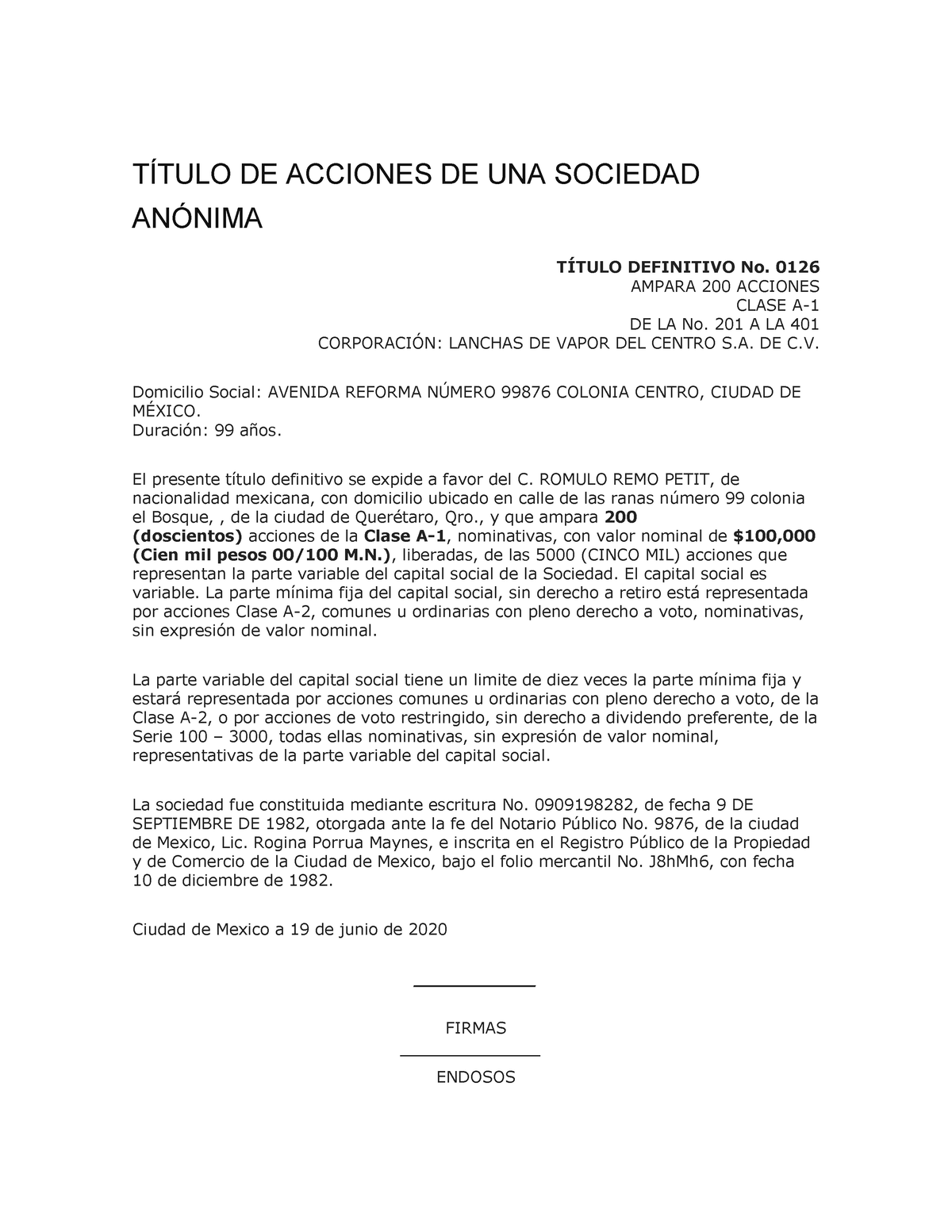 Título DE Acciones DE UNA Sociedad Anónima J - TÍTULO DE ACCIONES DE