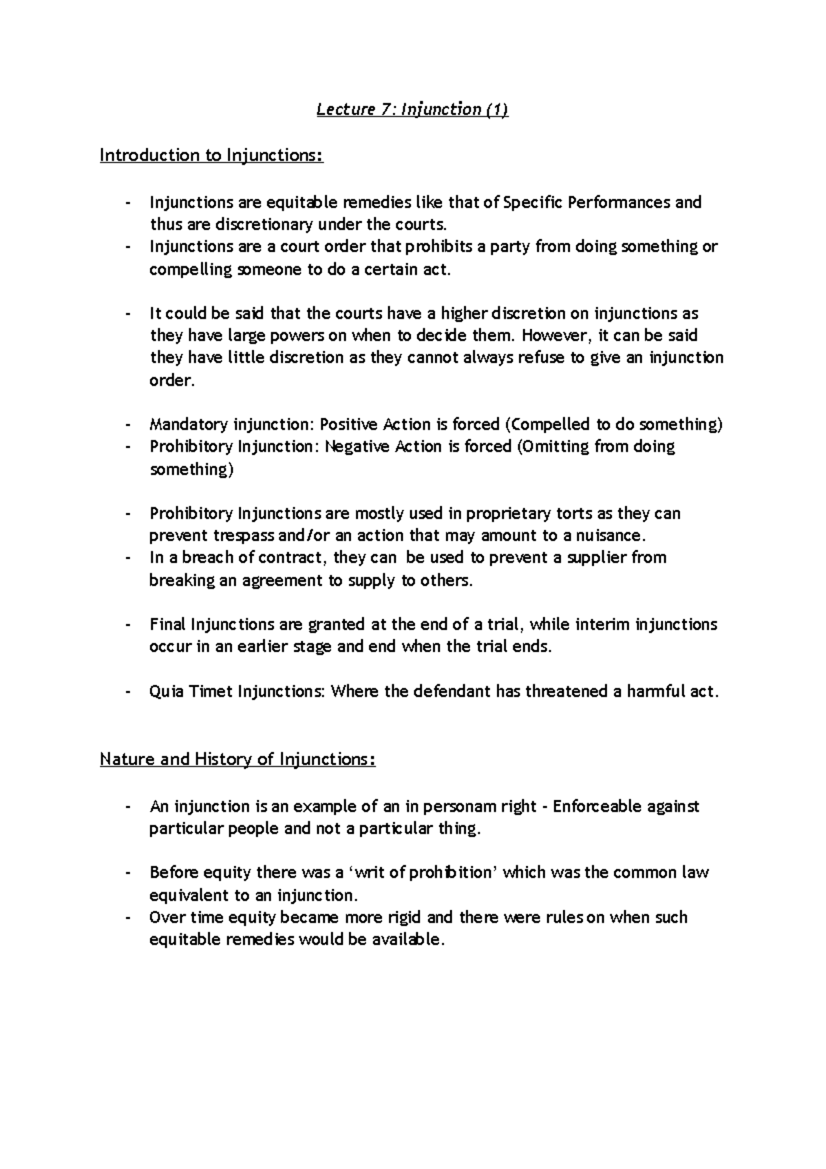 Lecture 7- Injuctions - Injunctions are a court order that prohibits a ...