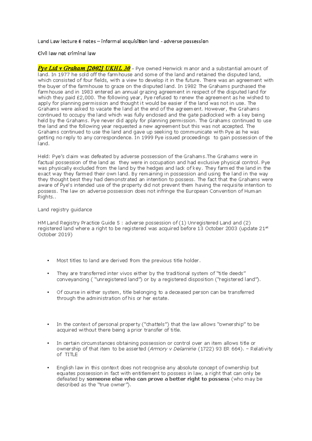 Land Law notes adverse possession - Land Law lecture 6 notes – informal ...