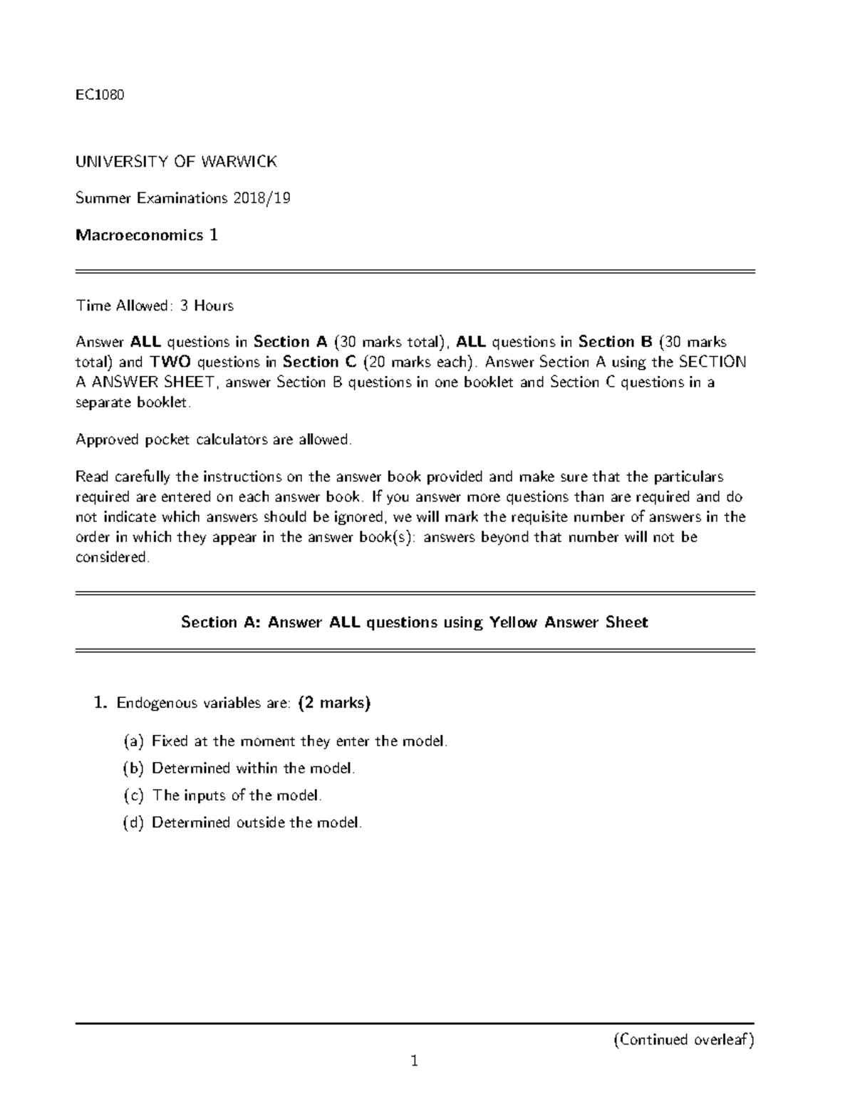 EC108 Macroeconomics 1: Practice Paper 2019 - UNIVERSITY OF WARWICK ...