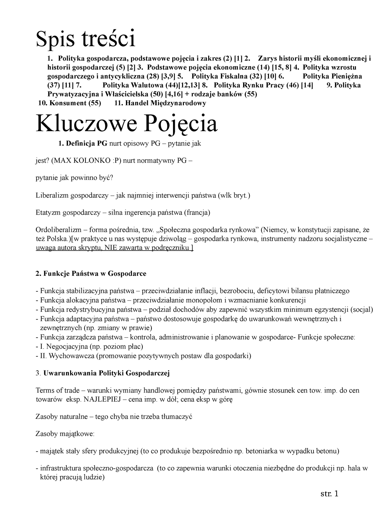 Prawo Gospodarcze - Spis Treści 1. Polityka Gospodarcza, Podstawowe ...