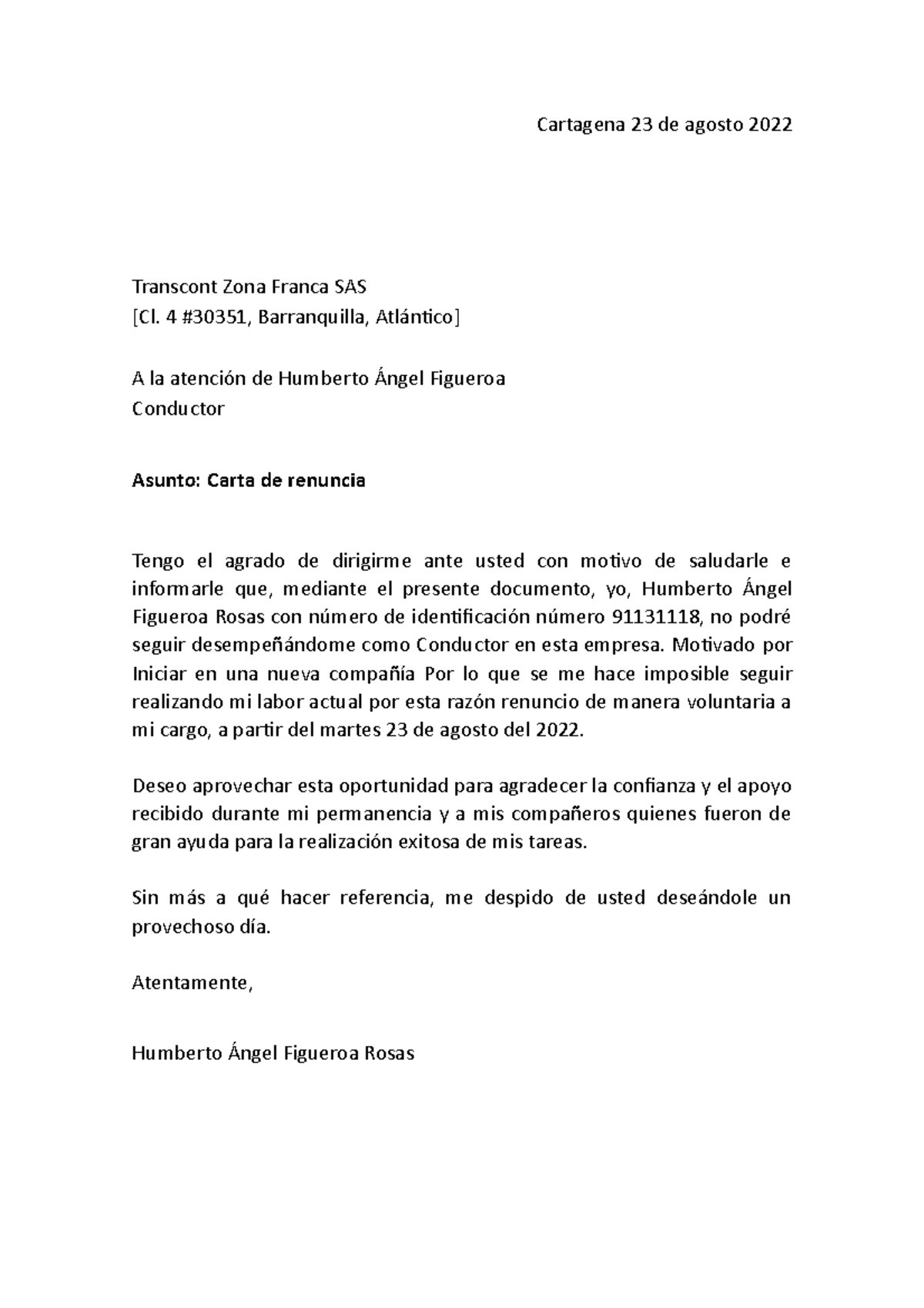 Carta De Renuncia Trabajo De Seguridad Y Salud En El Trabajo