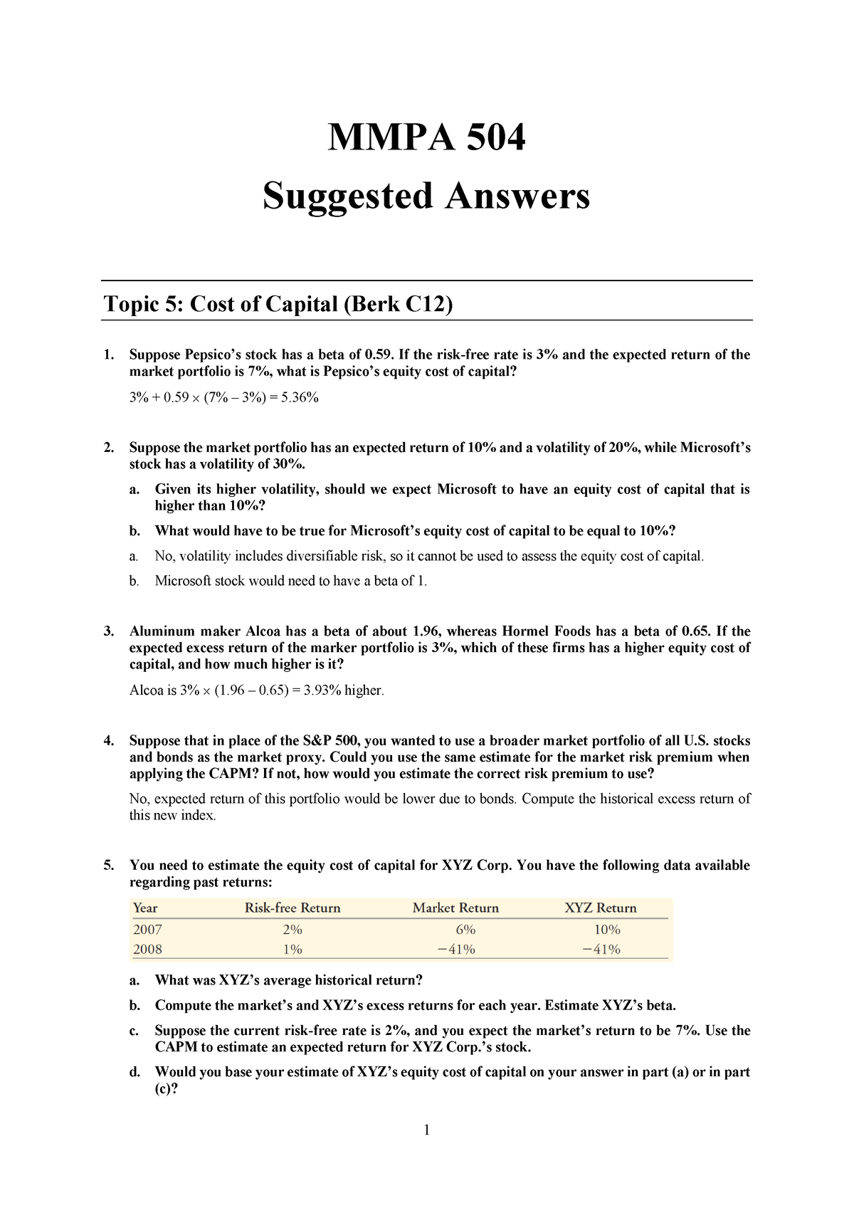 Finance Suggested Answers Cost Of Capital - MMPA 504 Suggested Answers ...