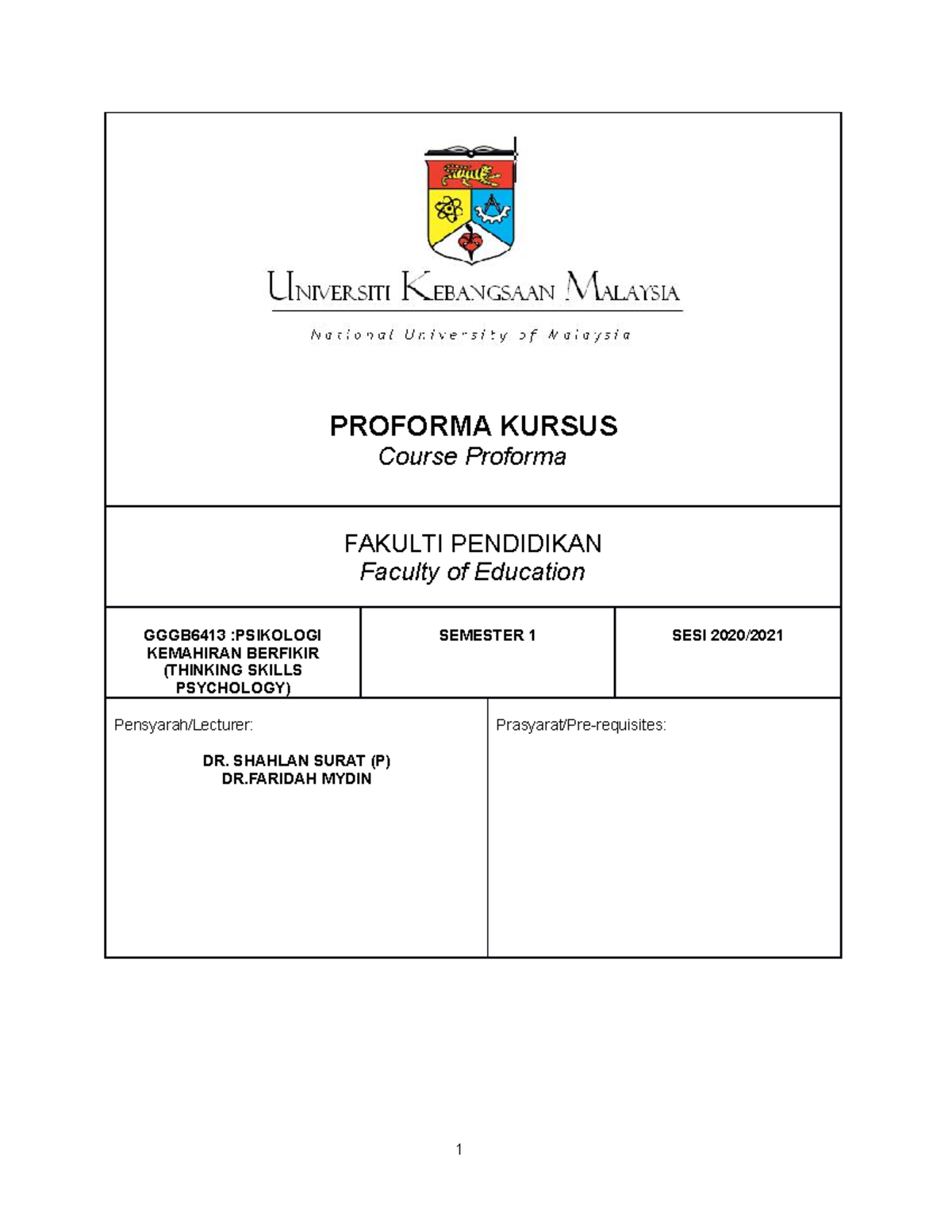 Proforma GB6413 Psikologi Kemahiran Berfikir - PROFORMA KURSUS Course ...