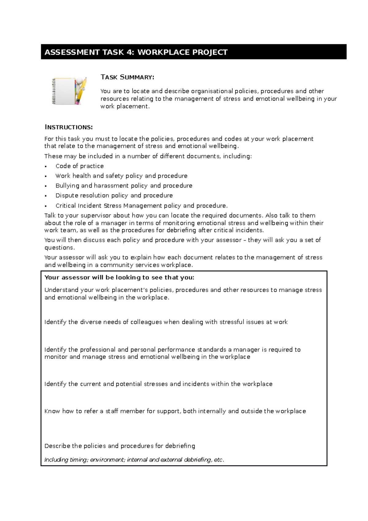 Chcmgt 005.03 Student Assessment 4 5 Workplace Project v2 ASSESSMENT
