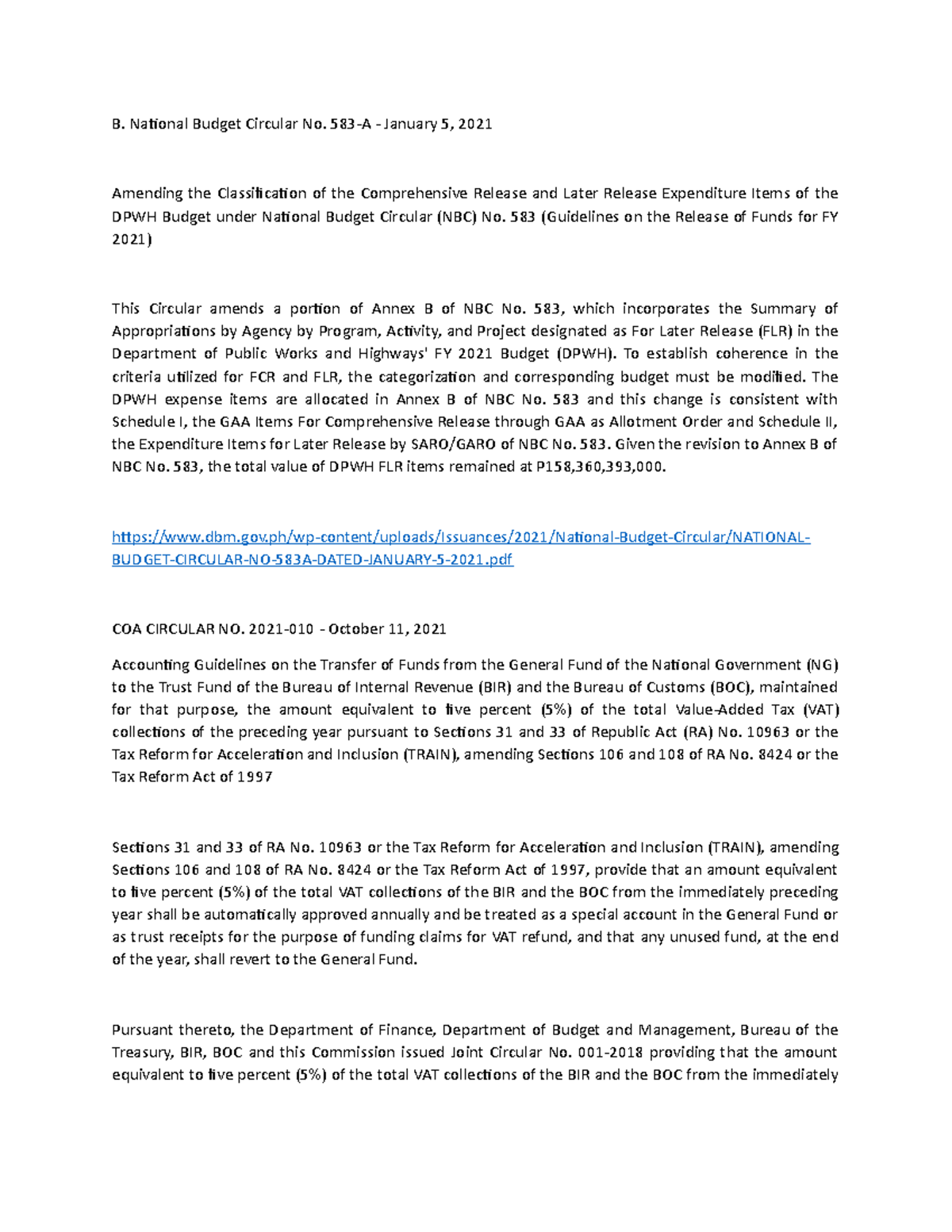 News - assignment - B. National Budget Circular No. 583-A - January 5 ...