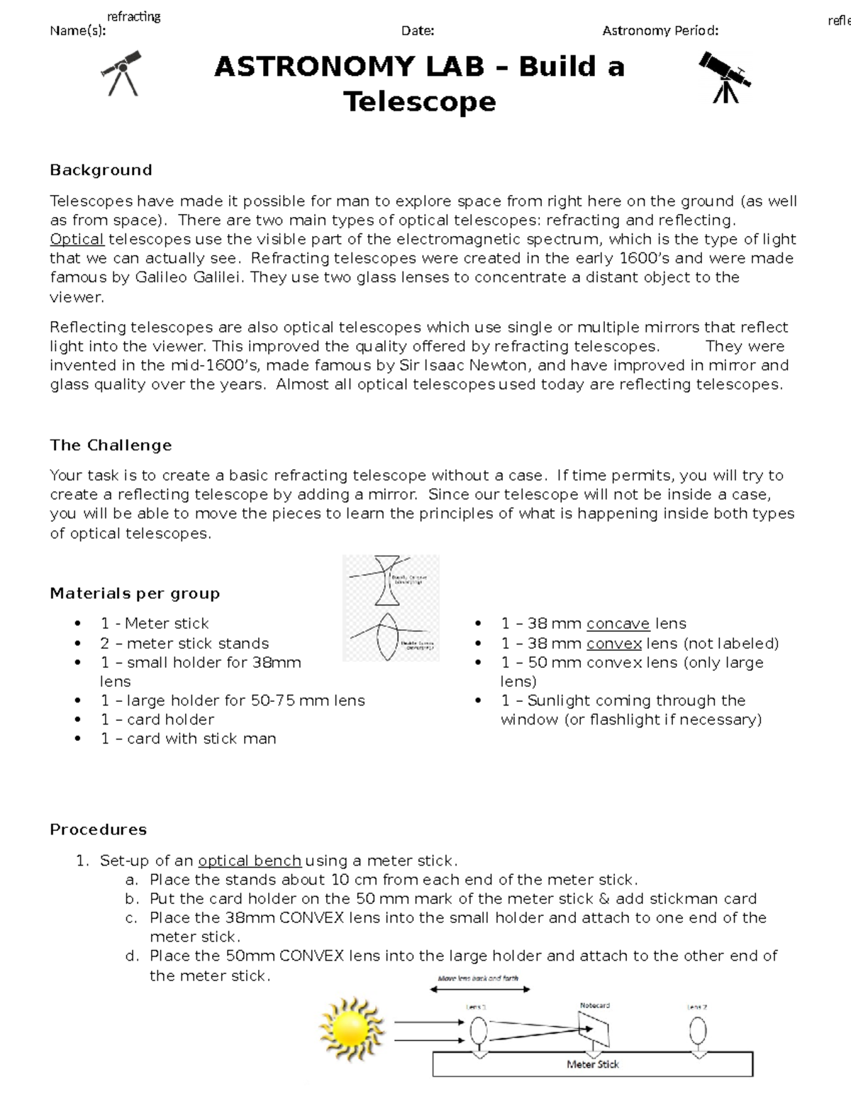 Astronomy LAB Build a Telescope Using Lenses Name(s) Date