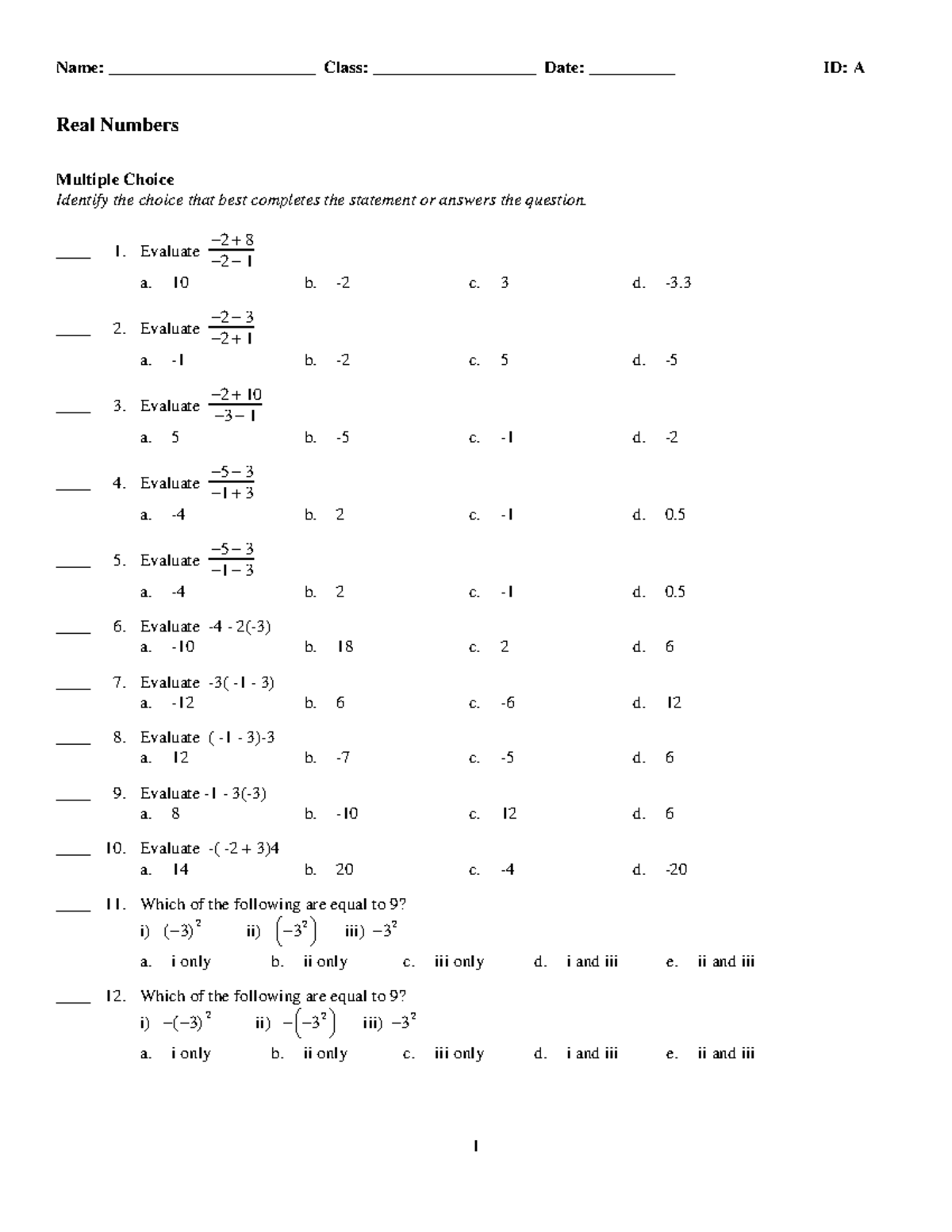 1. Real Numbers for basics - Name: ________________________ Class ...