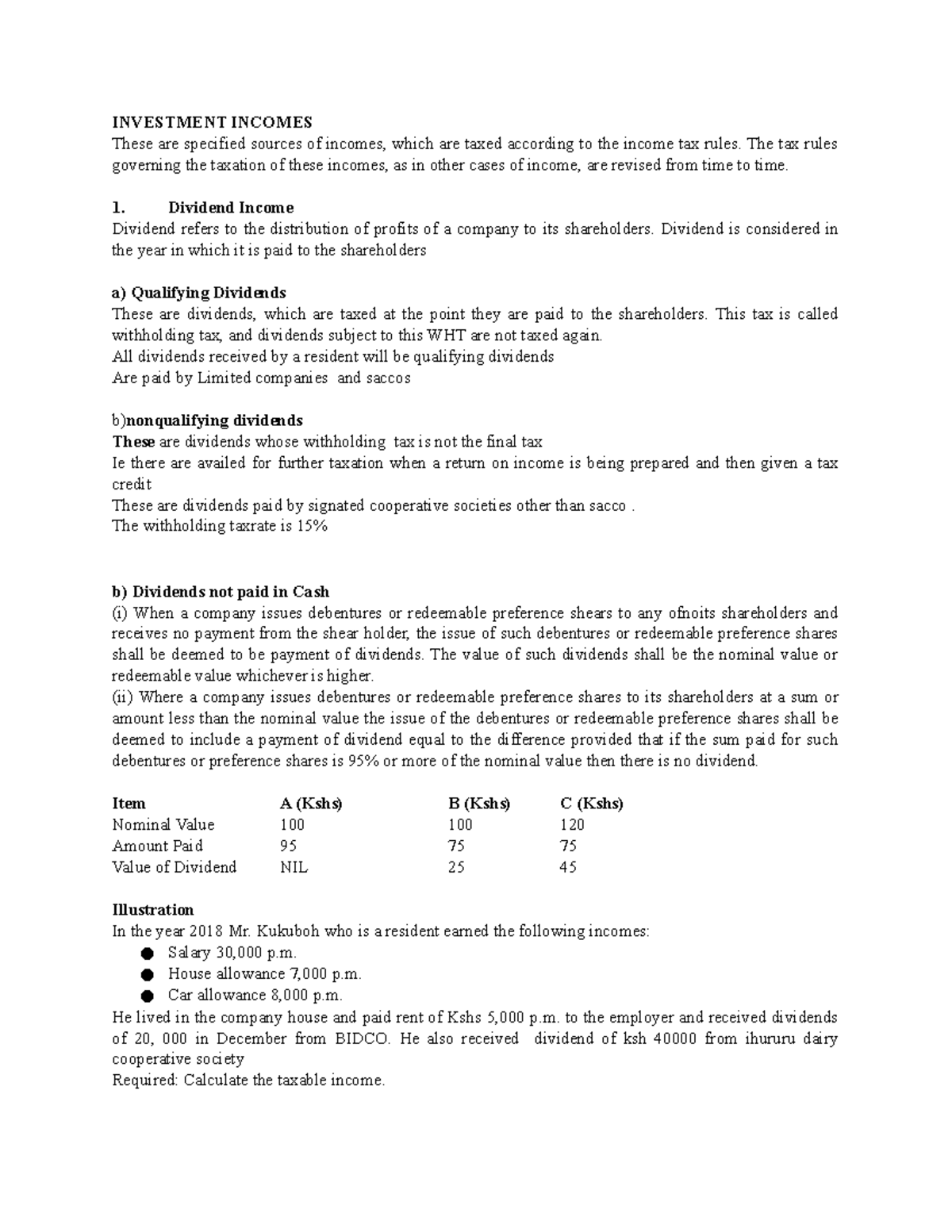 Investment Income Notes - INVESTMENT INCOMES These are specified ...