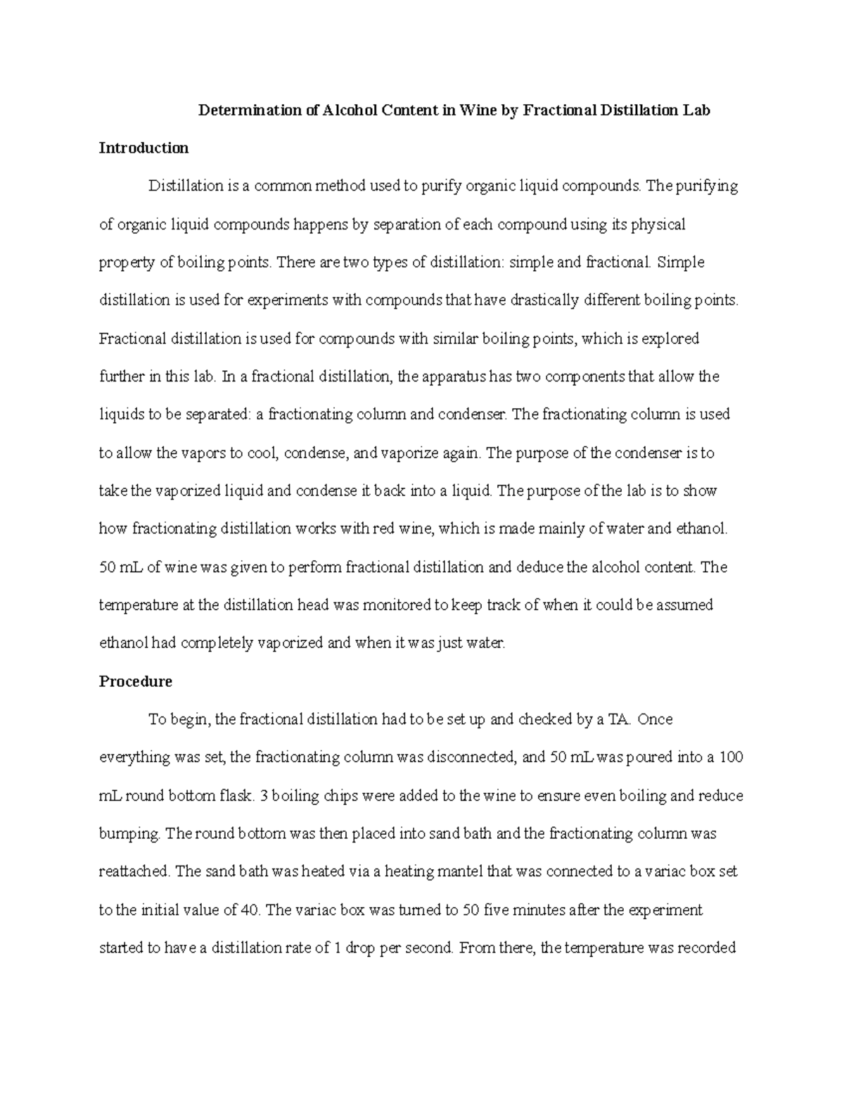 Wine lab lab report Determination of Alcohol Content in Wine by