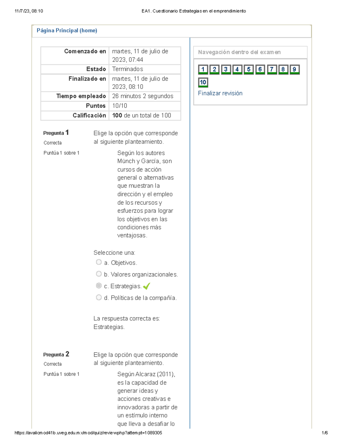 EA1. Cuestionario Estrategias En El Emprendimiento - Página Principal ...