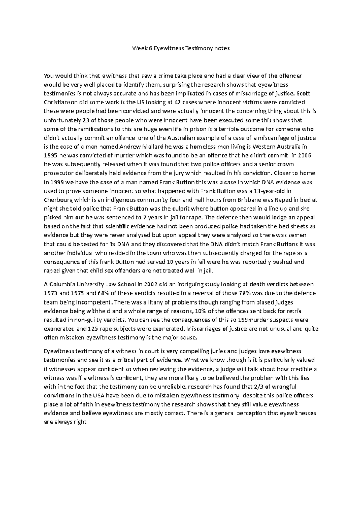 Week 6 Eyewitness Testimony notes - Week 6 Eyewitness Tesimony notes ...