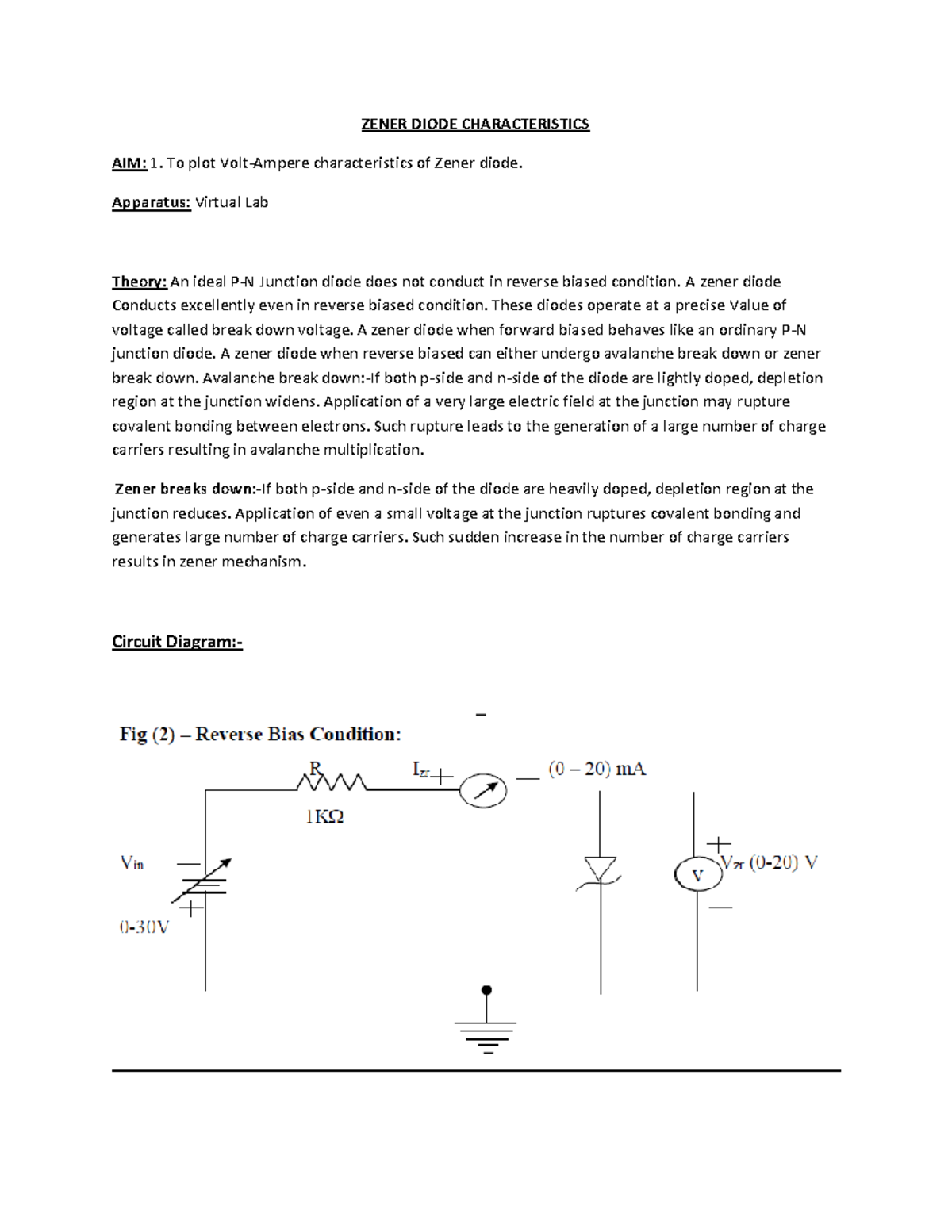 Zener Diode lab report notes ZENER DIODE CHARACTERISTICS AIM 1. To