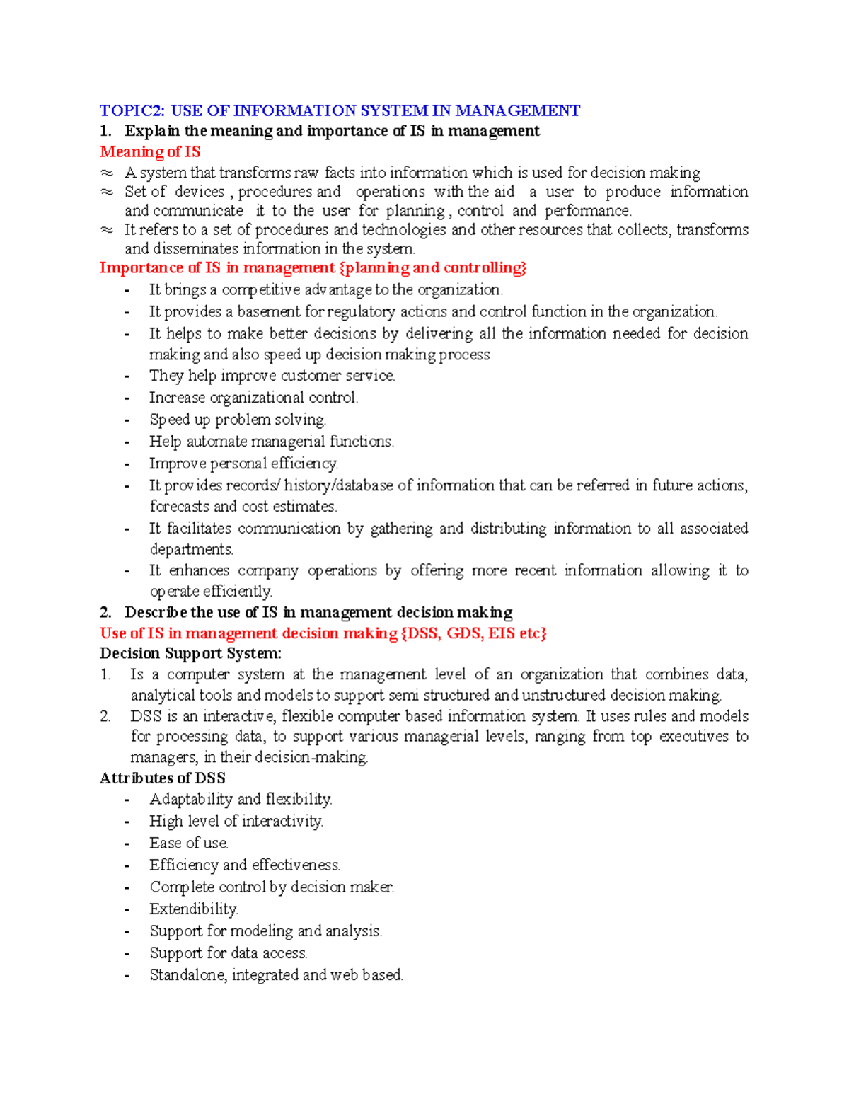 MIS Topic 2 - MIS - TOPIC2: USE OF INFORMATION SYSTEM IN MANAGEMENT ...