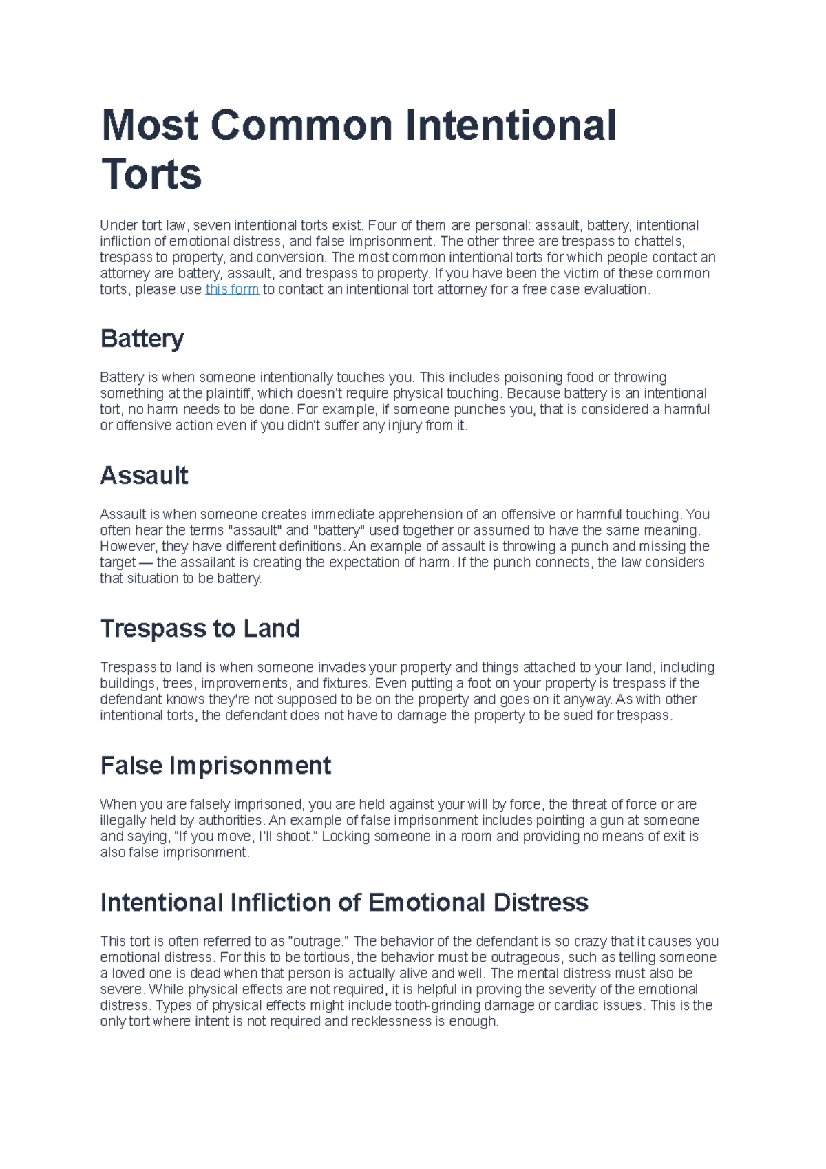 Most Common Intentional Torts Most Common Intentional Torts Under